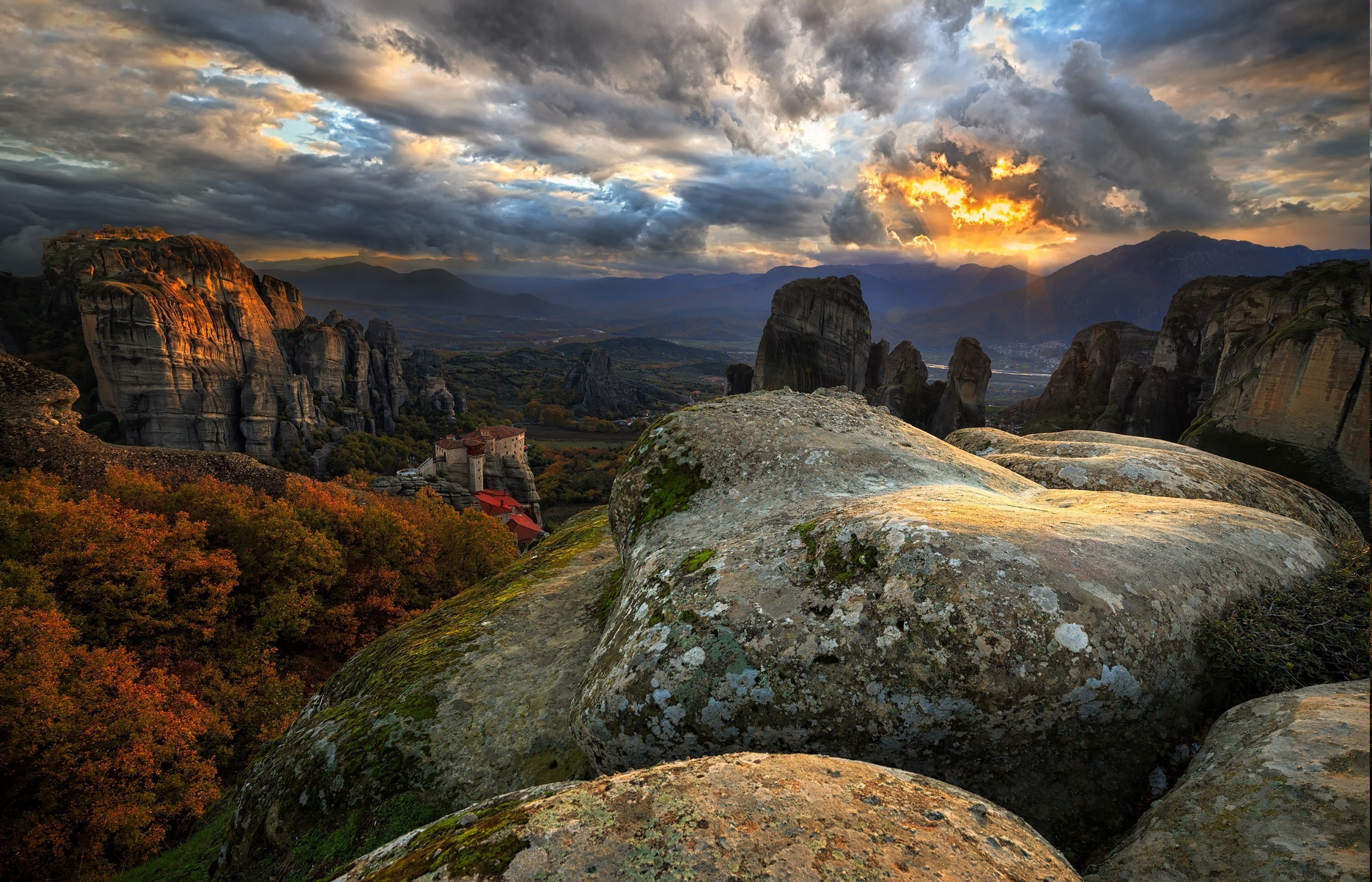 Sunset Over Rocky Hills and Ancient Monastery in Meteora HD Wallpaper