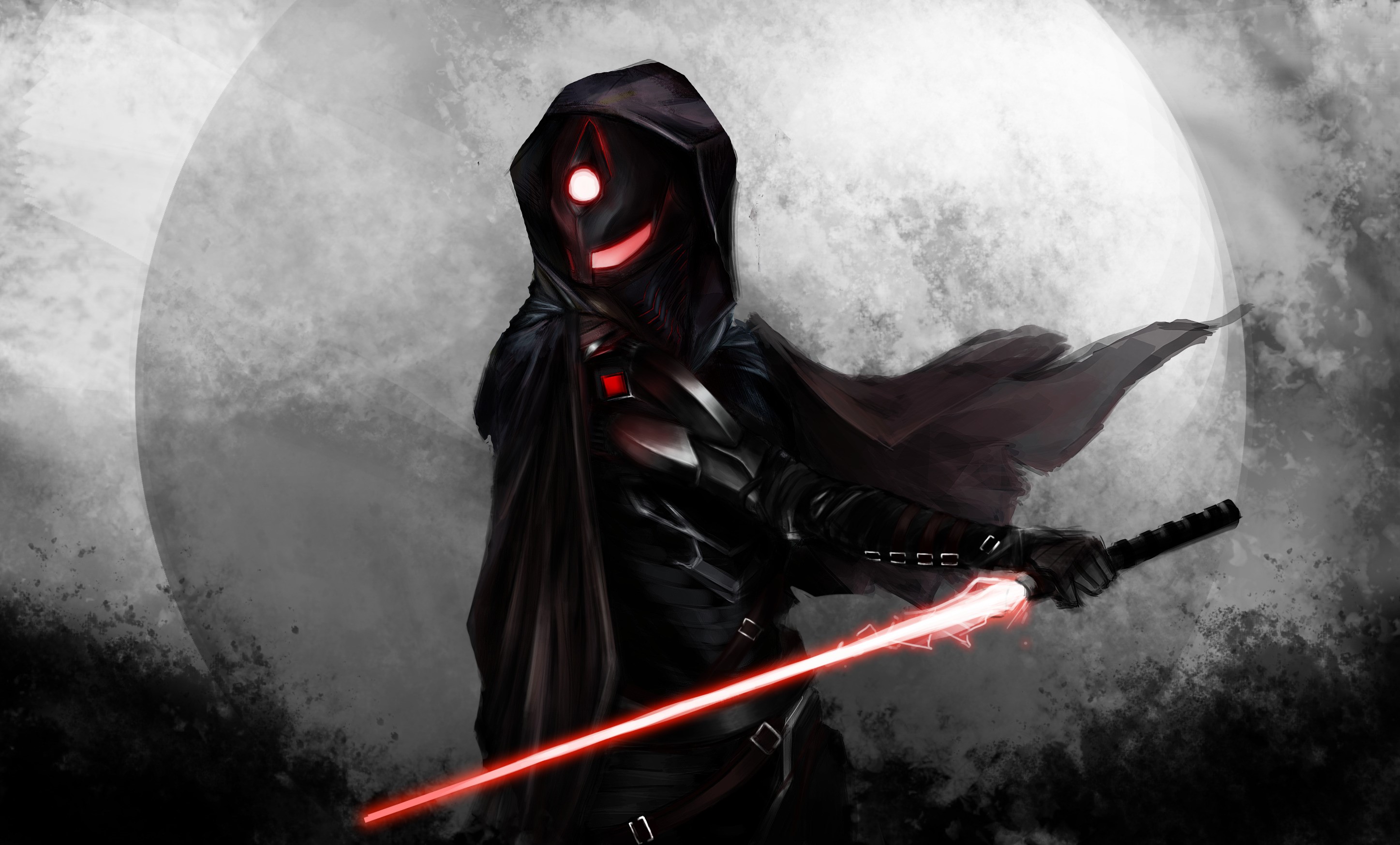 Sith warrior with red lightsaber and moon HD Wallpaper