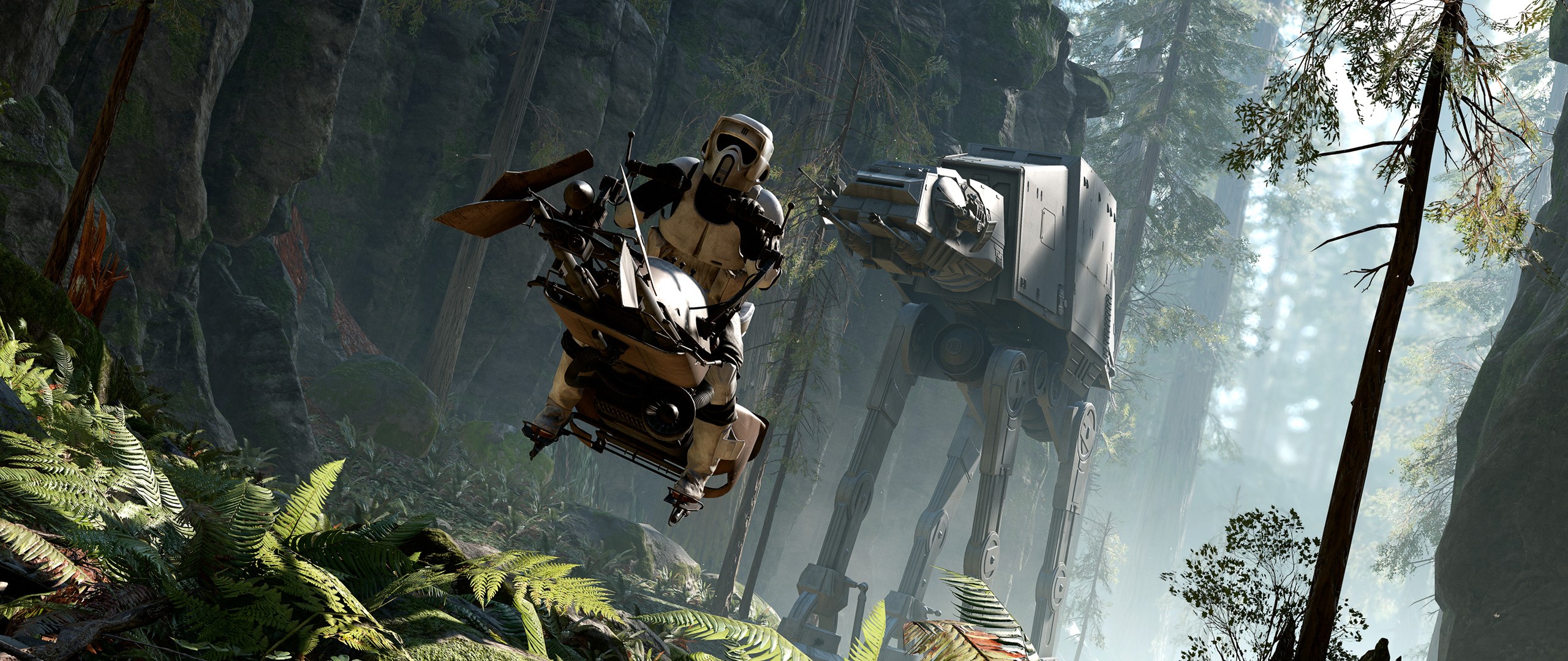 Scout Trooper on Speeder Bike with AT-AT in Star Wars Battlefront HD Wallpaper