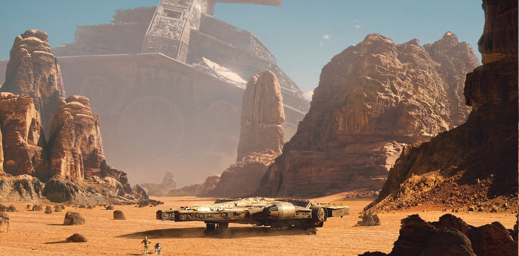 Millennium Falcon on a desert planet with Star Destroyer HD Wallpaper