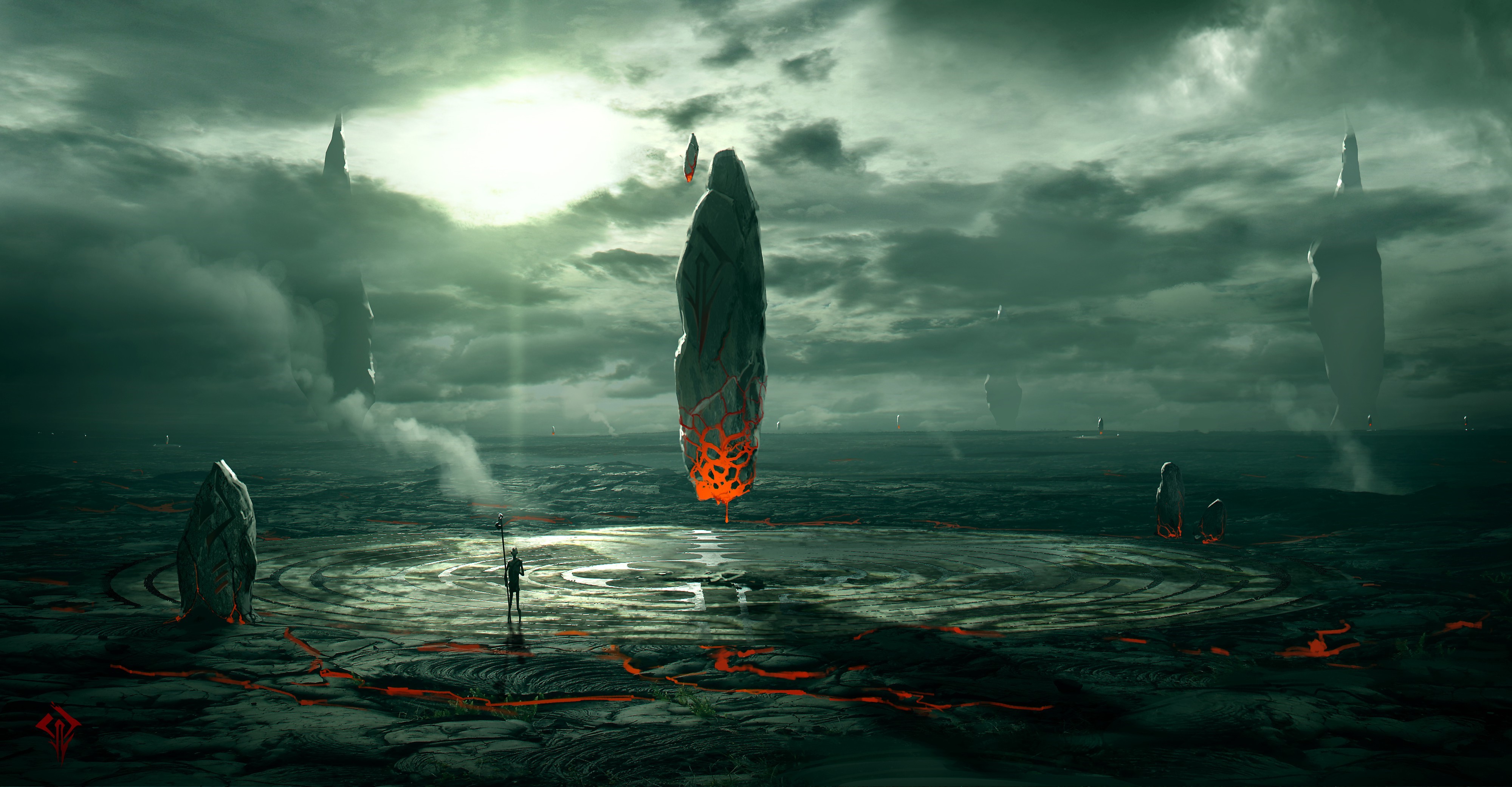 Alien planet with floating rocks and lava HD Wallpaper