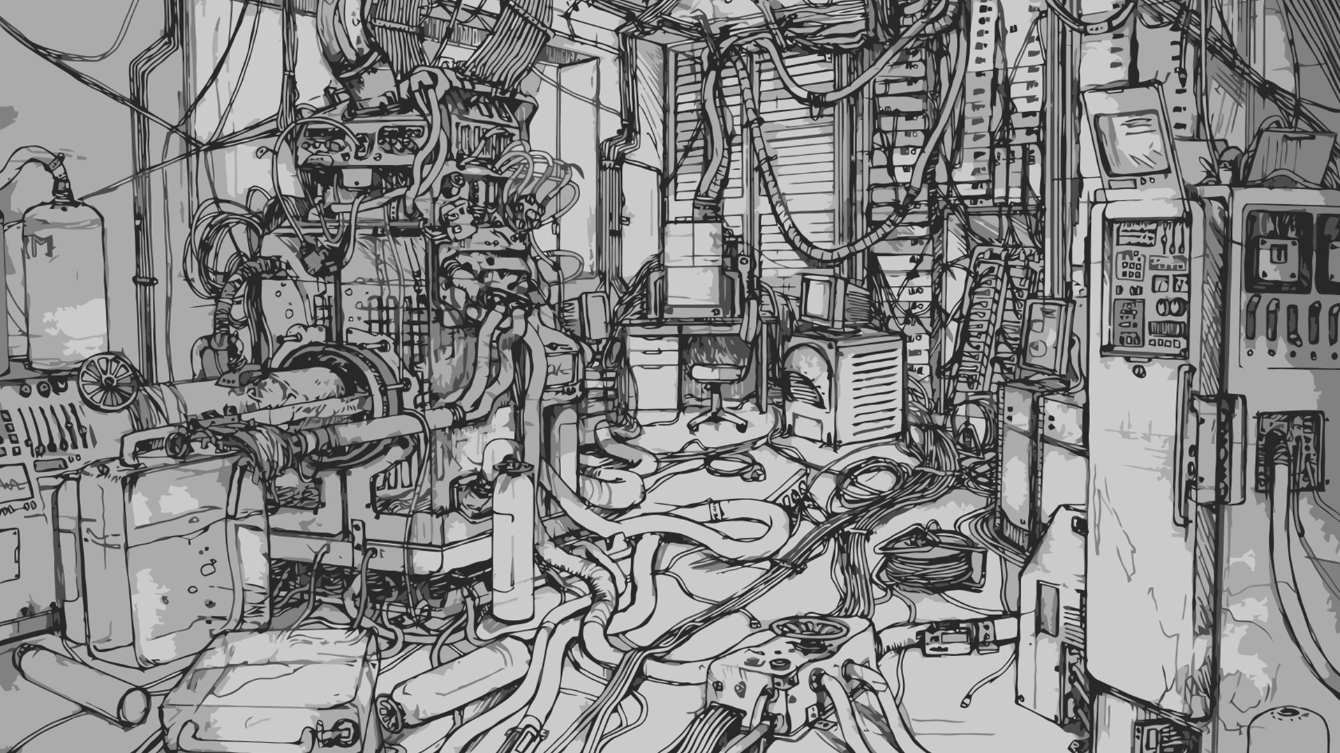 Computer room with complex machinery and wires HD Wallpaper