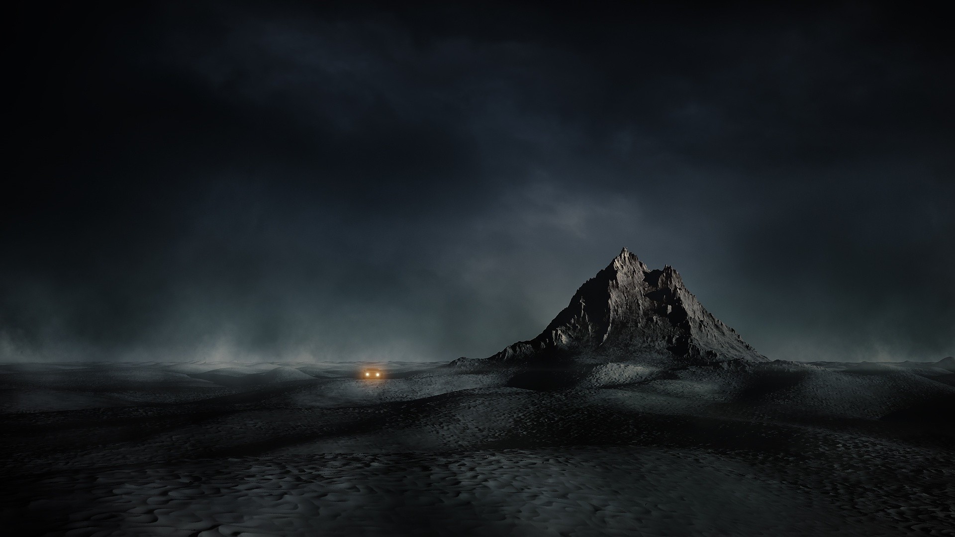 Dark desert landscape with mountain and car headlights HD Wallpaper