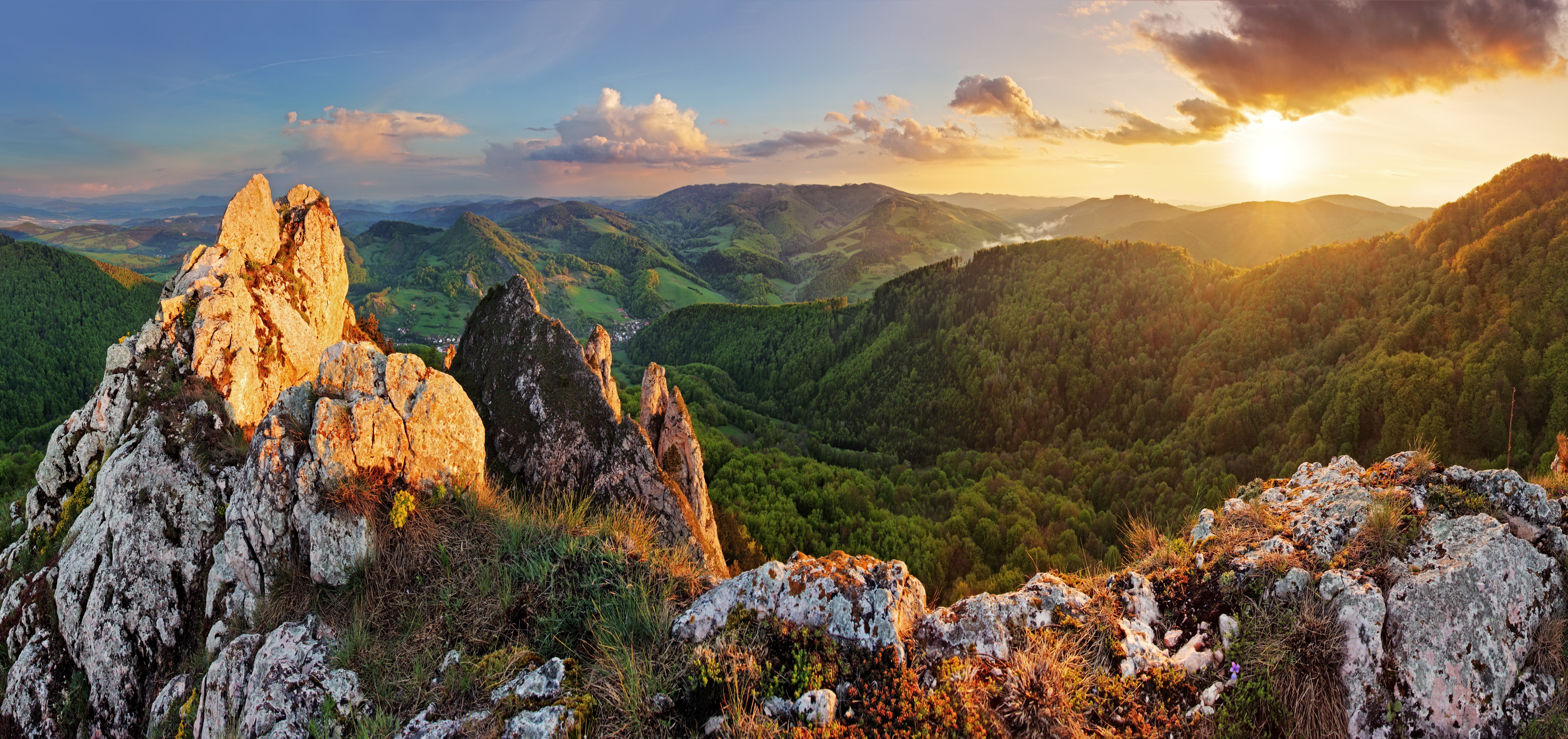 Sunset Over Rocky Mountain and Verdant Hills HD Wallpaper