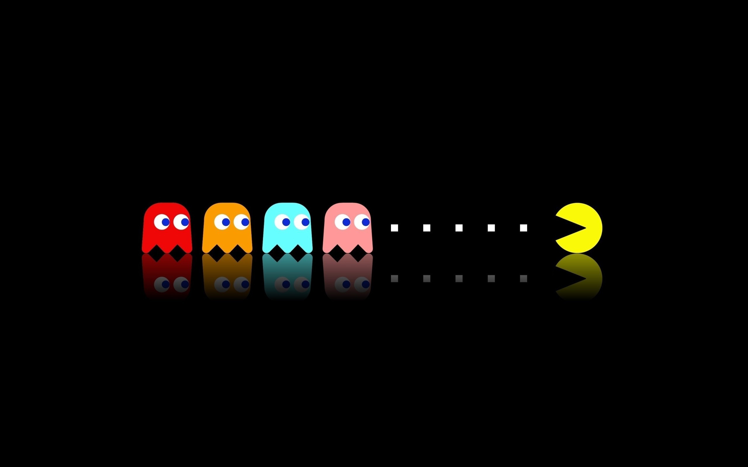 Pac-Man and ghosts in a minimalist retro video game scene HD Wallpaper