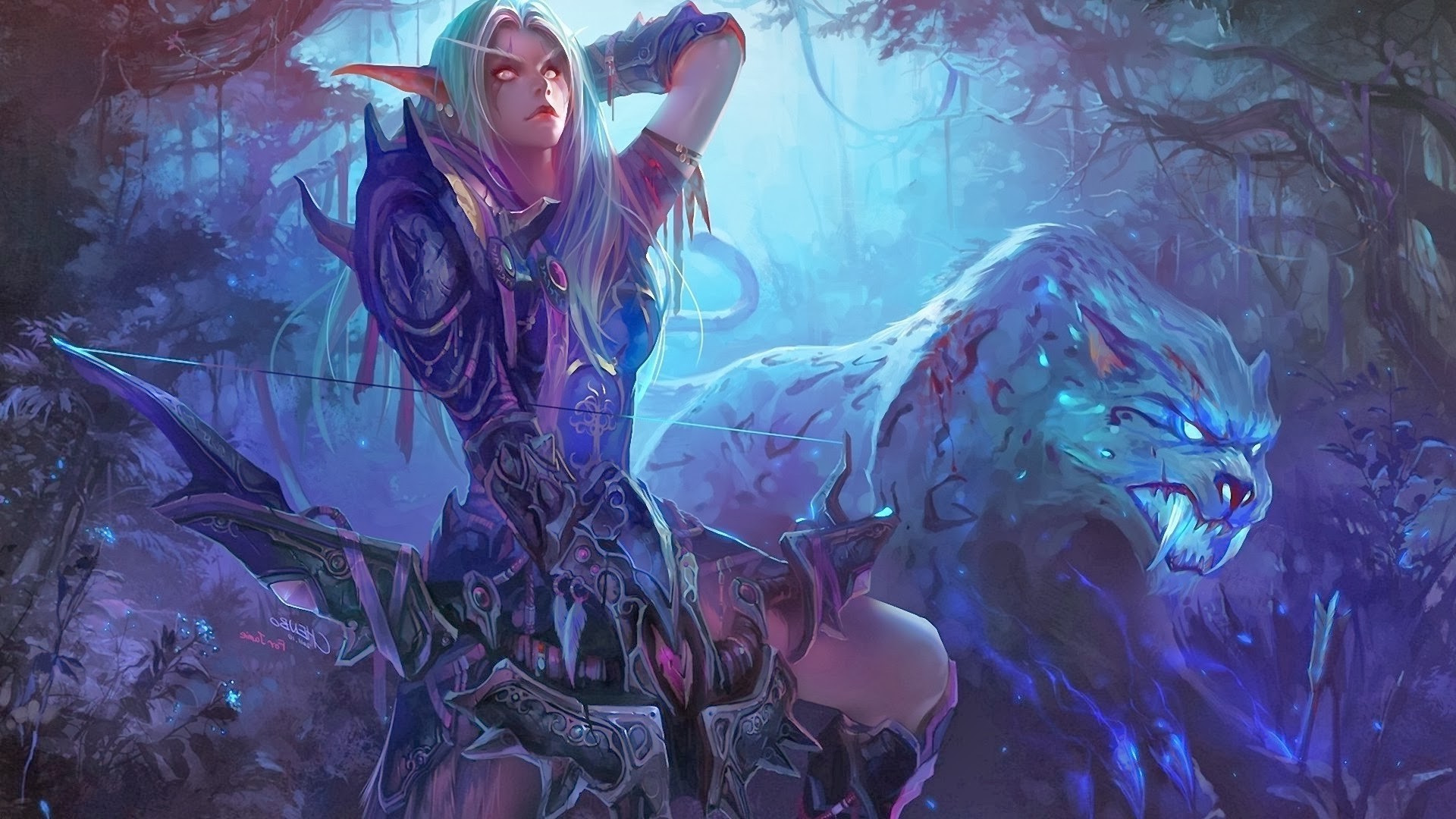 Elf hunter with panther from World of Warcraft HD Wallpaper