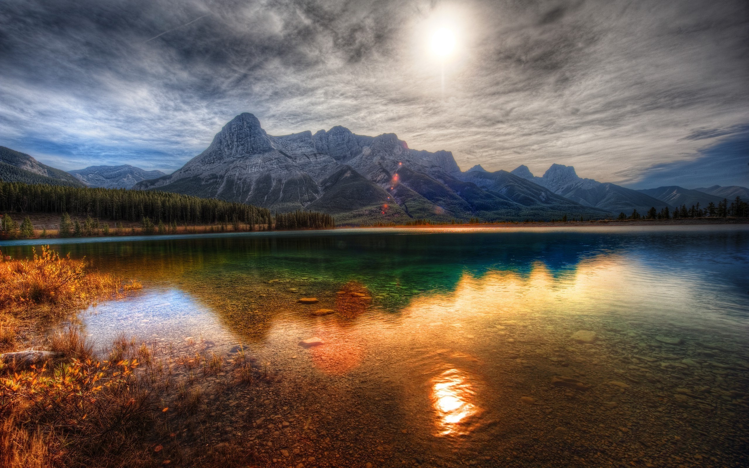 HDR mountain lake reflection with sun HD Wallpaper