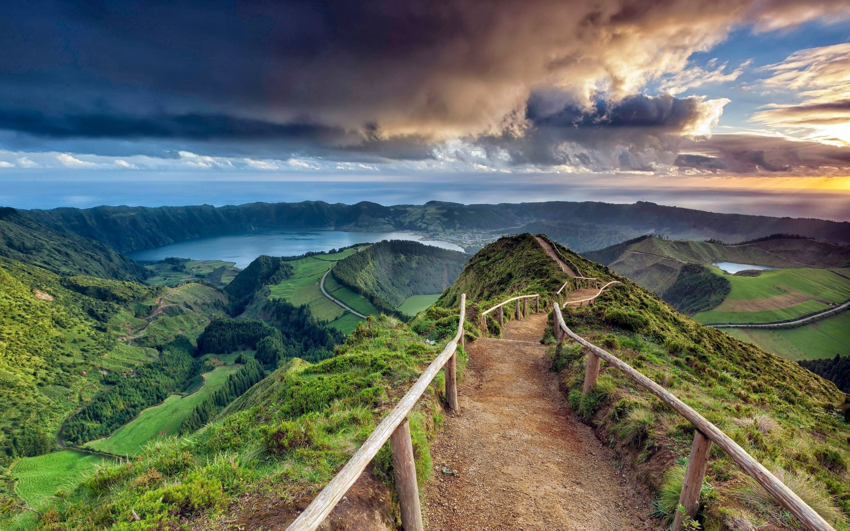 Path overlooking a volcanic lake in the Azores HD Wallpaper