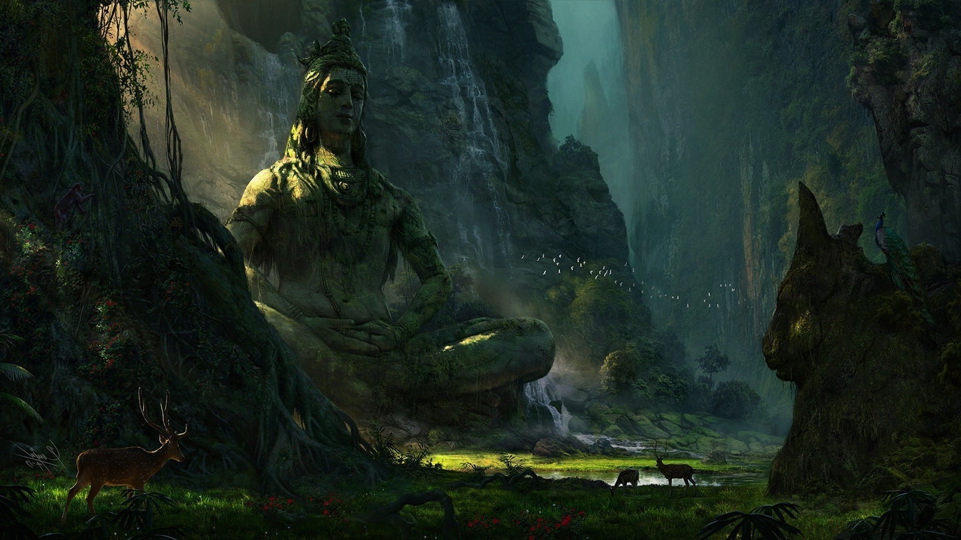 Majestic Shiva Statue in Lush Mountain Landscape HD Wallpaper