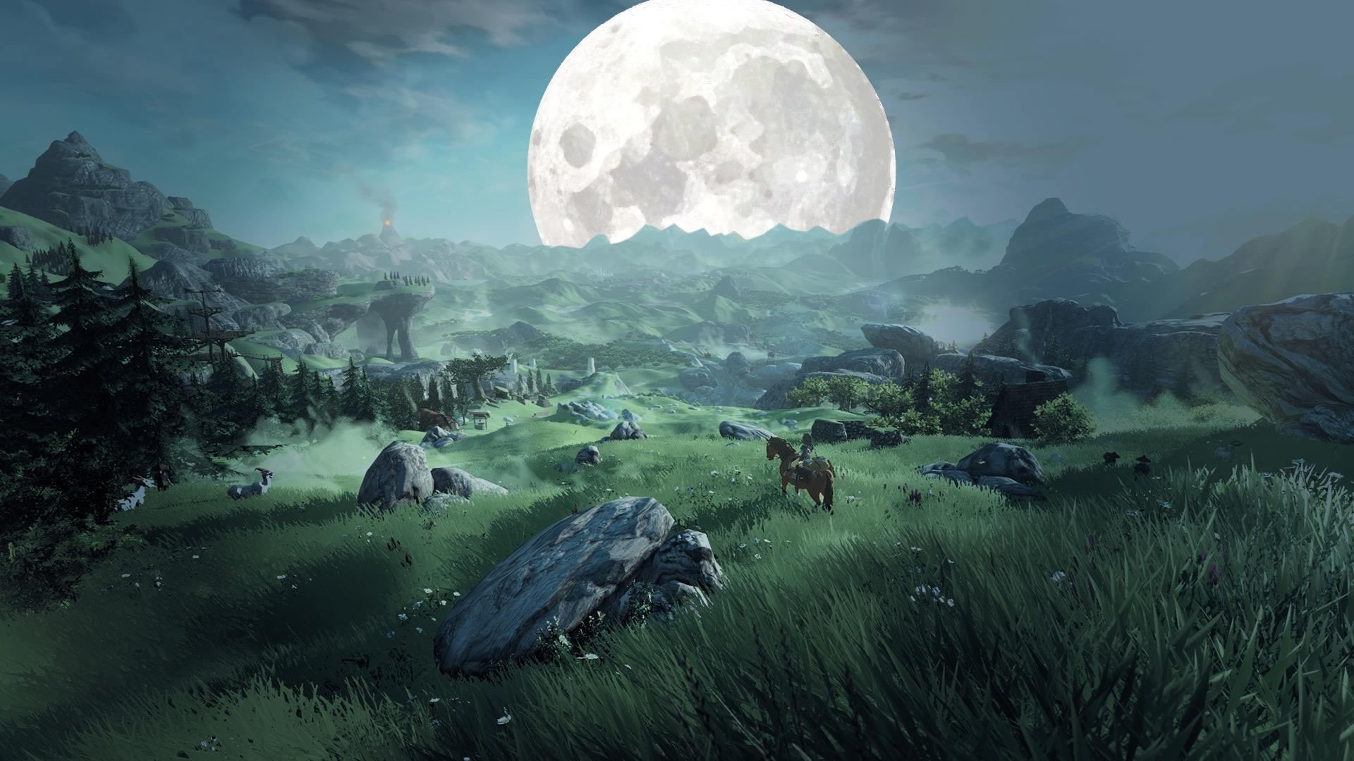 The Legend of Zelda landscape with a large moon HD Wallpaper