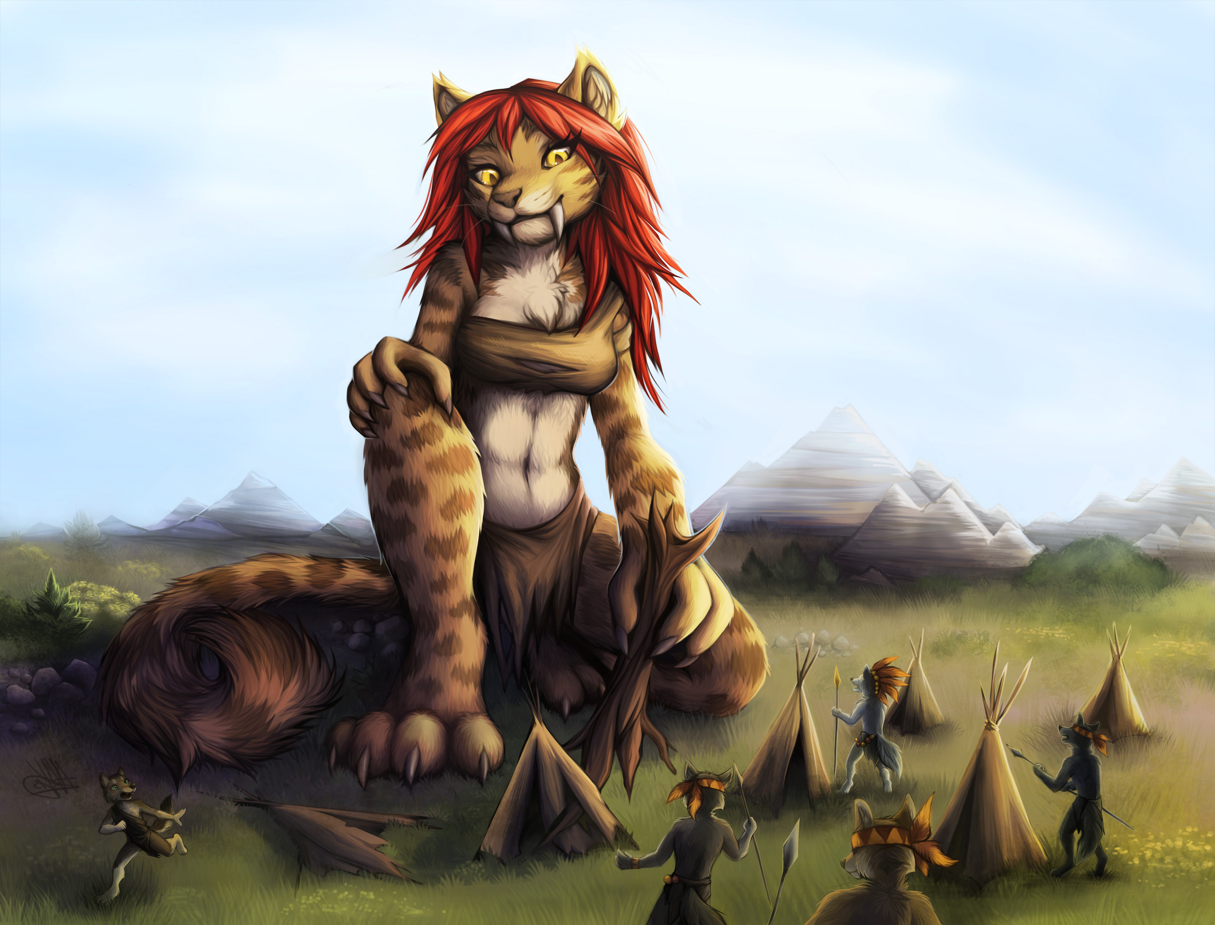Giant anthropomorphic sabertooth cat overlooking a tribal village HD Wallpaper