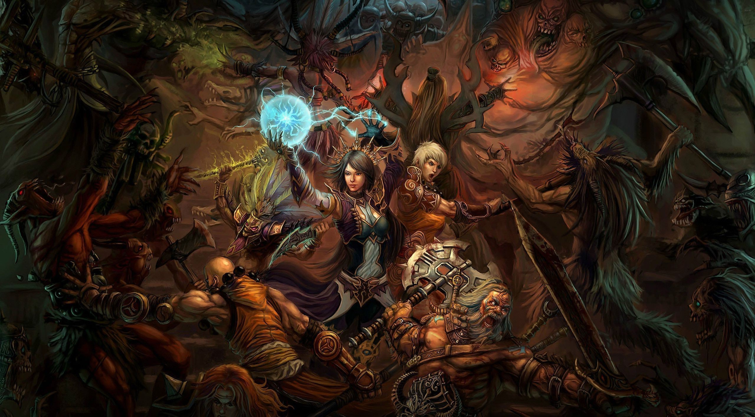 Diablo III artwork featuring a battle between heroes and demons HD Wallpaper