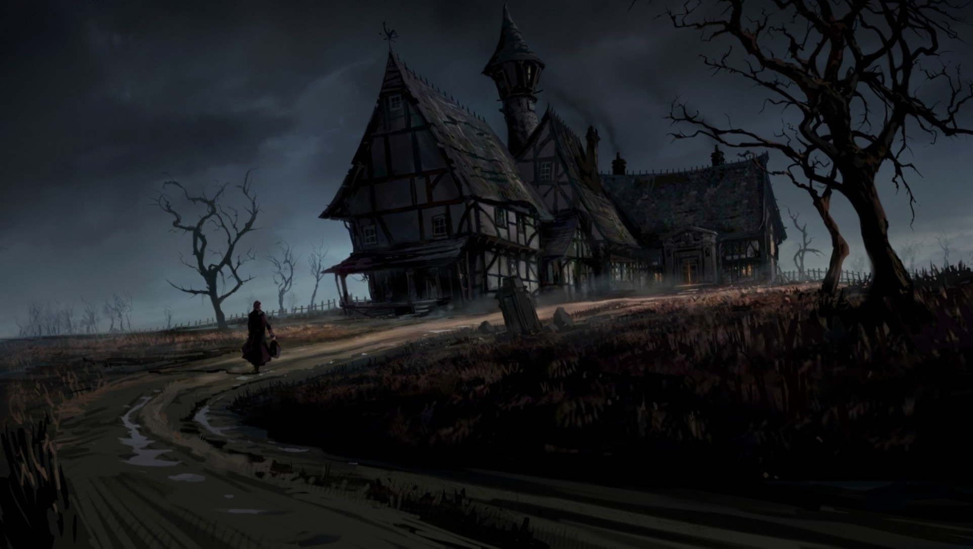 Dark fantasy art of a haunted house and a lone traveler HD Wallpaper