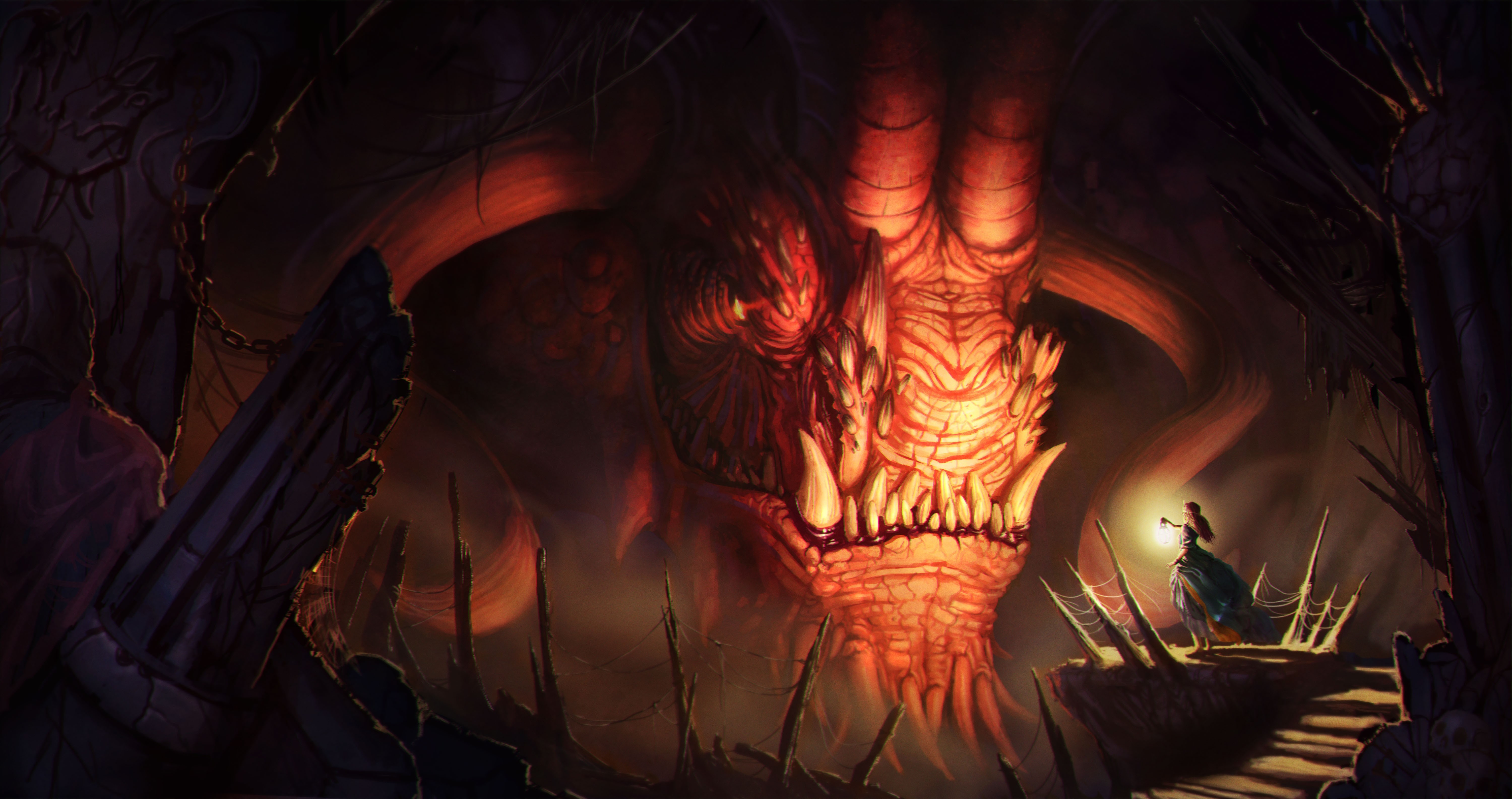 Demon dragon in a dark cave with two adventurers HD Wallpaper