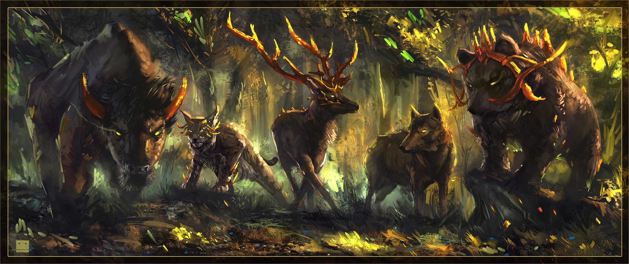 Fantasy forest animals with glowing horns HD Wallpaper