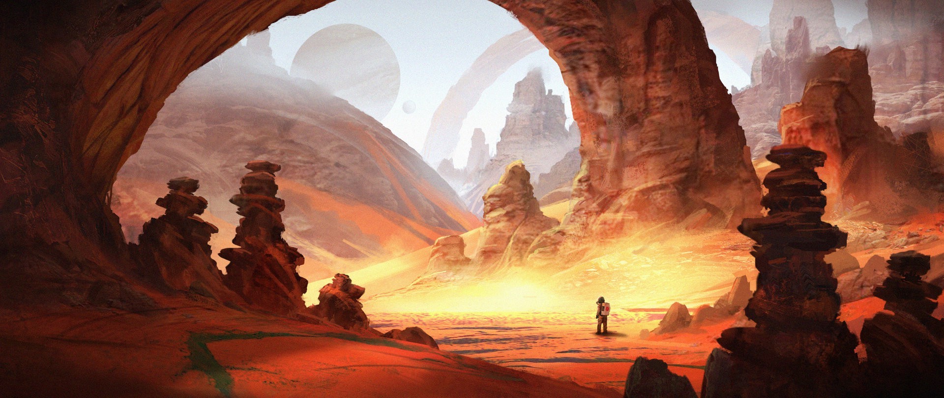 Fantasy art of a desert planet landscape HD Wallpaper