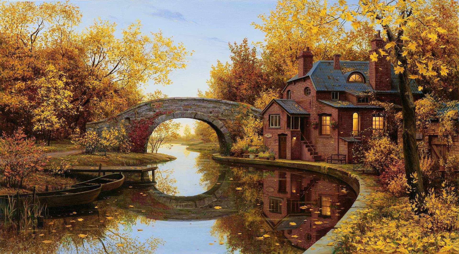 Autumn canal with stone bridge and brick house HD Wallpaper