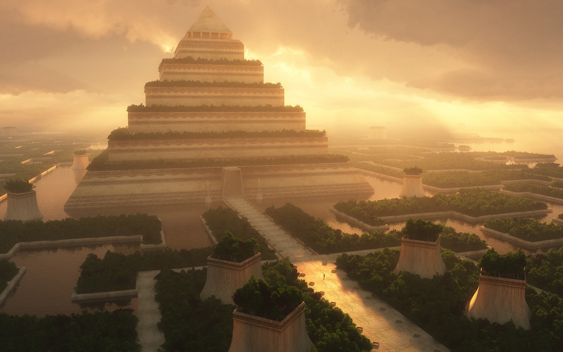 Hanging Gardens of Babylon with sunlight and clouds HD Wallpaper