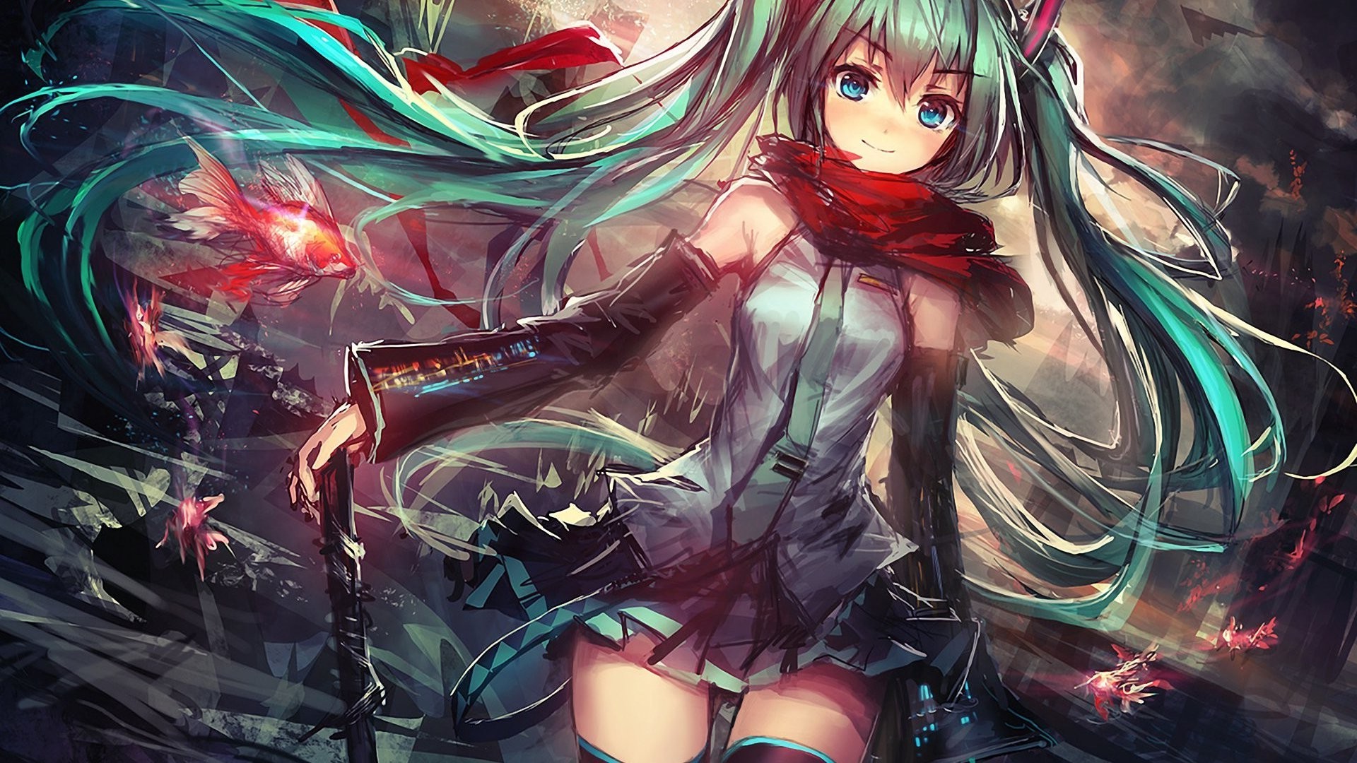 Hatsune Miku from Vocaloid with a goldfish HD Wallpaper