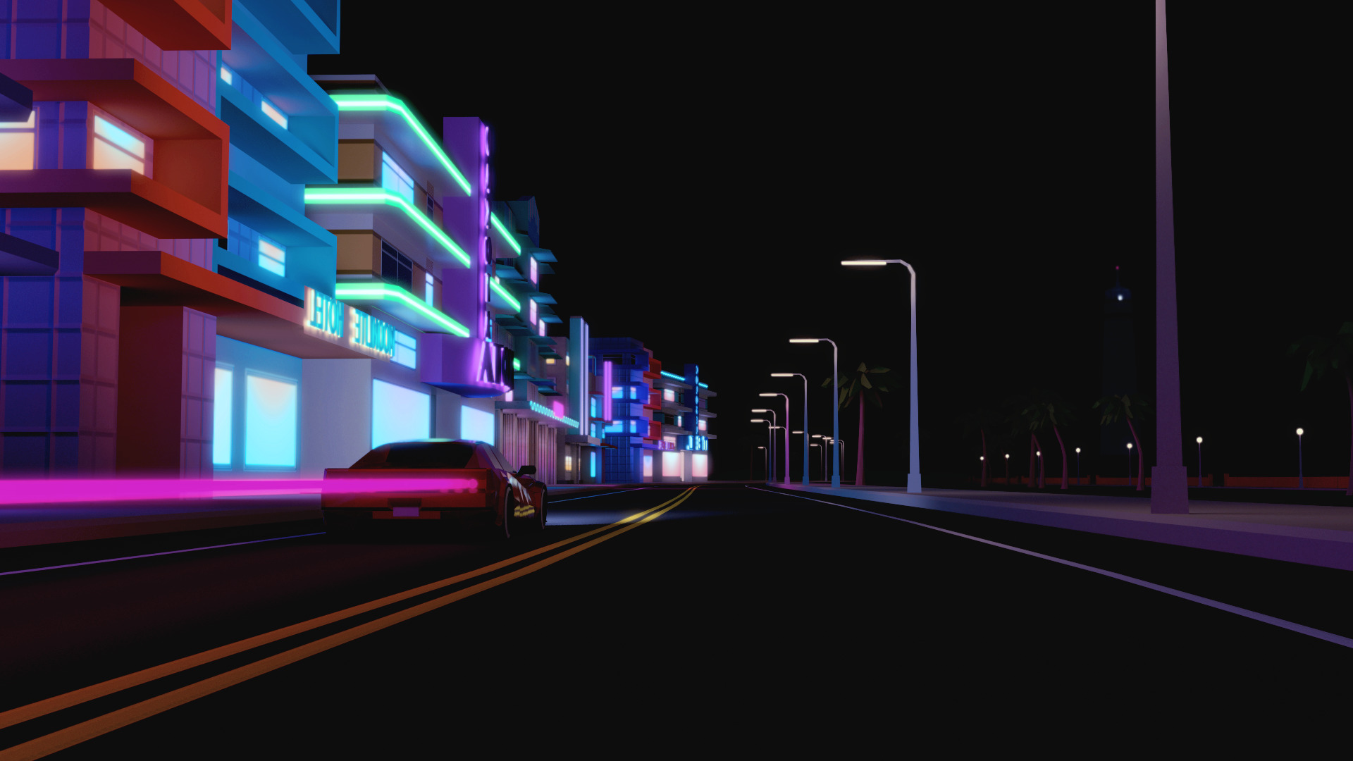 Neon city street at night with a car HD Wallpaper