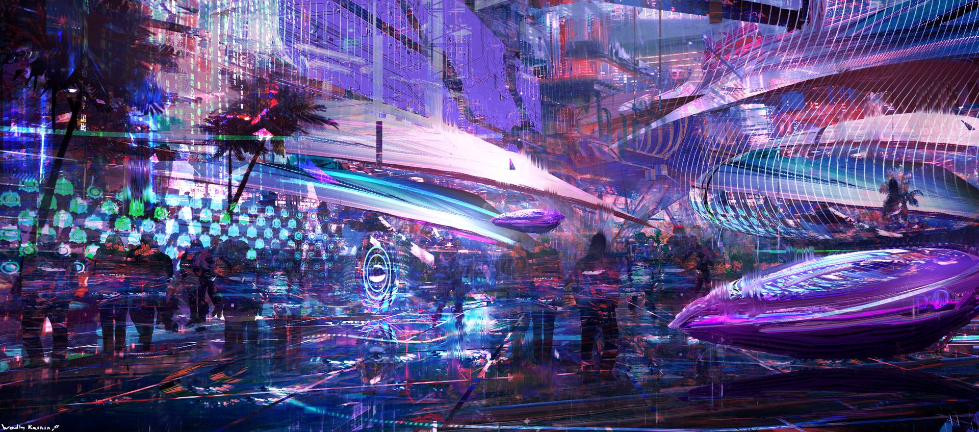Futuristic cyberpunk city with flying vehicles HD Wallpaper