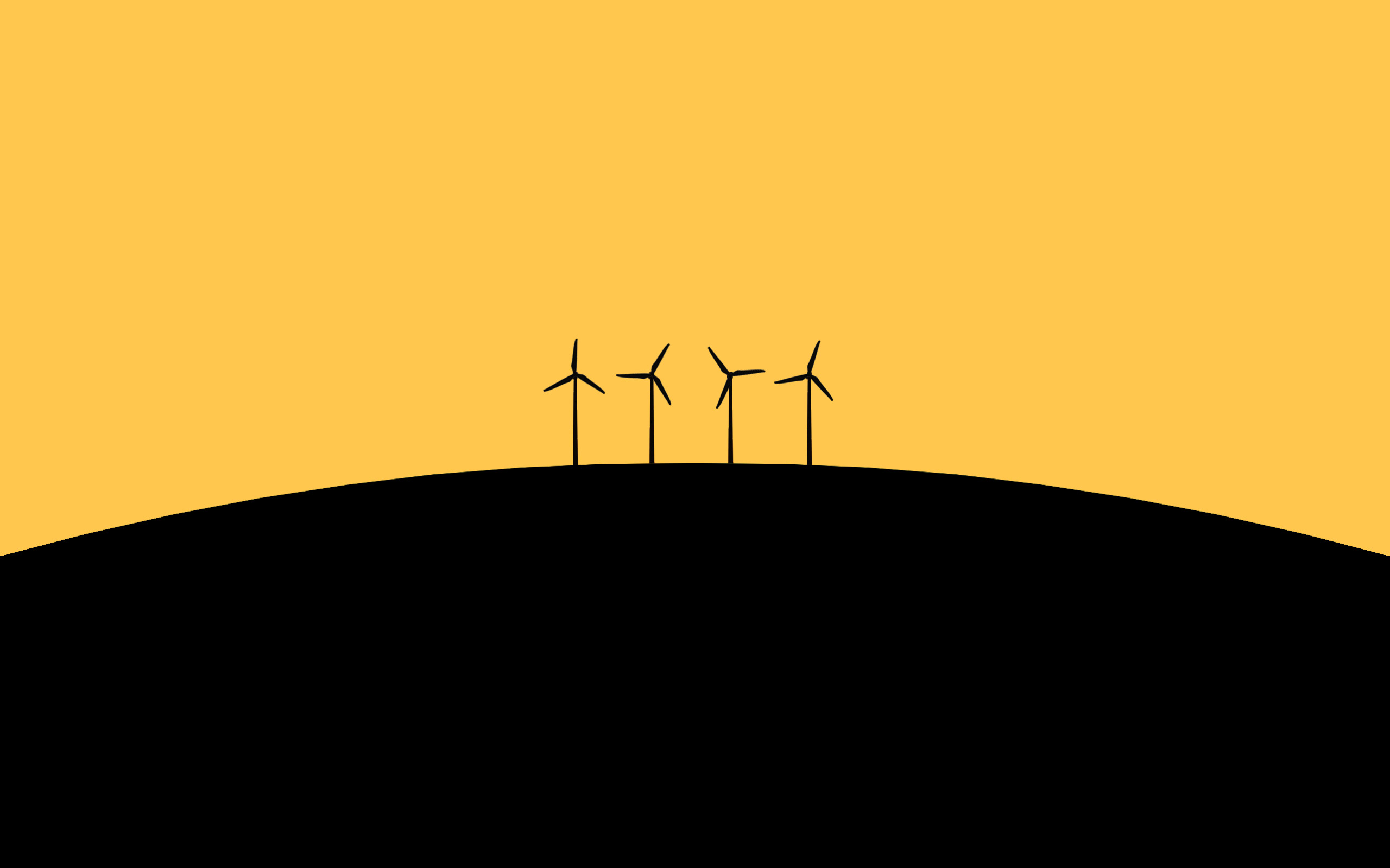 Minimalist black and yellow wind turbines on a hill HD Wallpaper