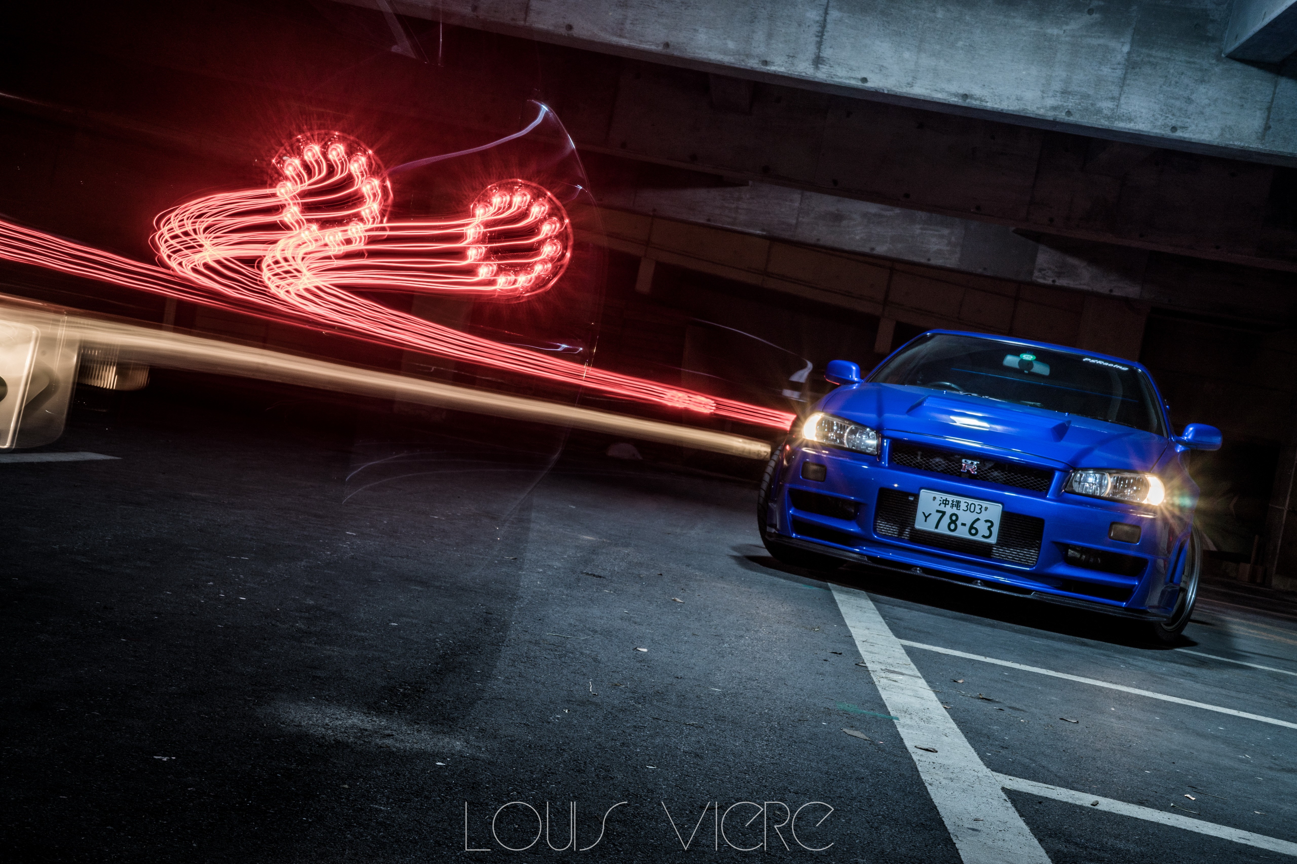 Blue Nissan Skyline GT-R R34 with Light Trails HD Wallpaper