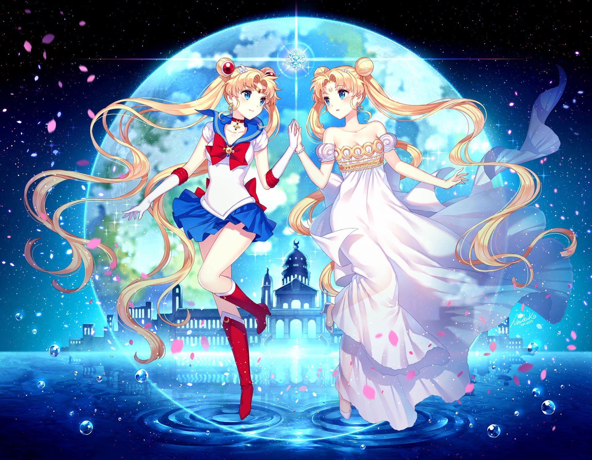 Sailor Moon and Anime Girls Under Moonlight HD Wallpaper