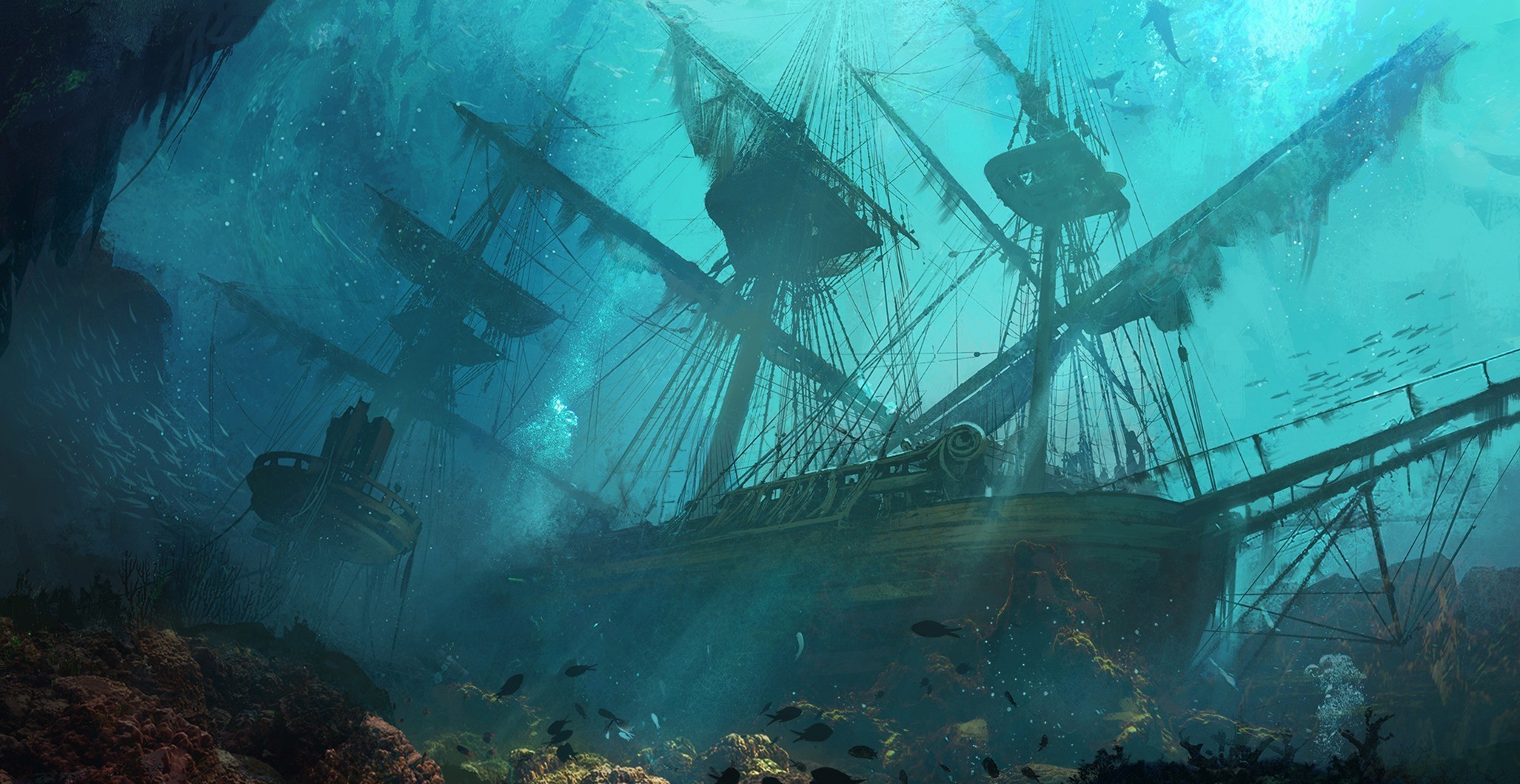 Mysterious Sunken Shipwreck in Deep Ocean HD Wallpaper