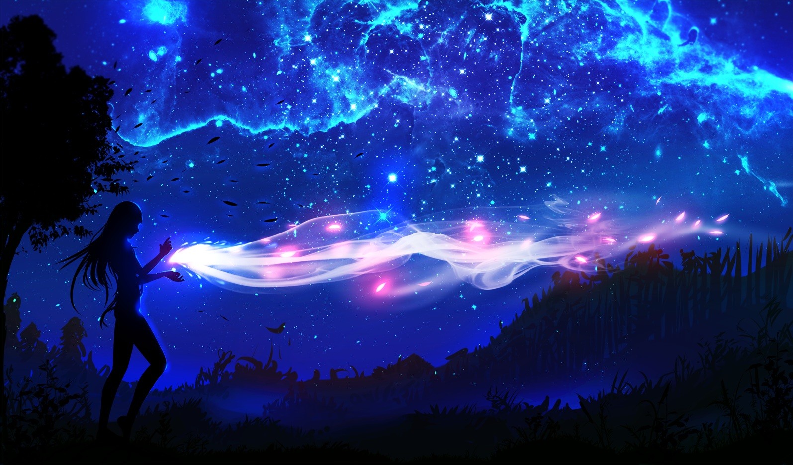 Anime girl creating magical light in a starry night sky HD Wallpaper