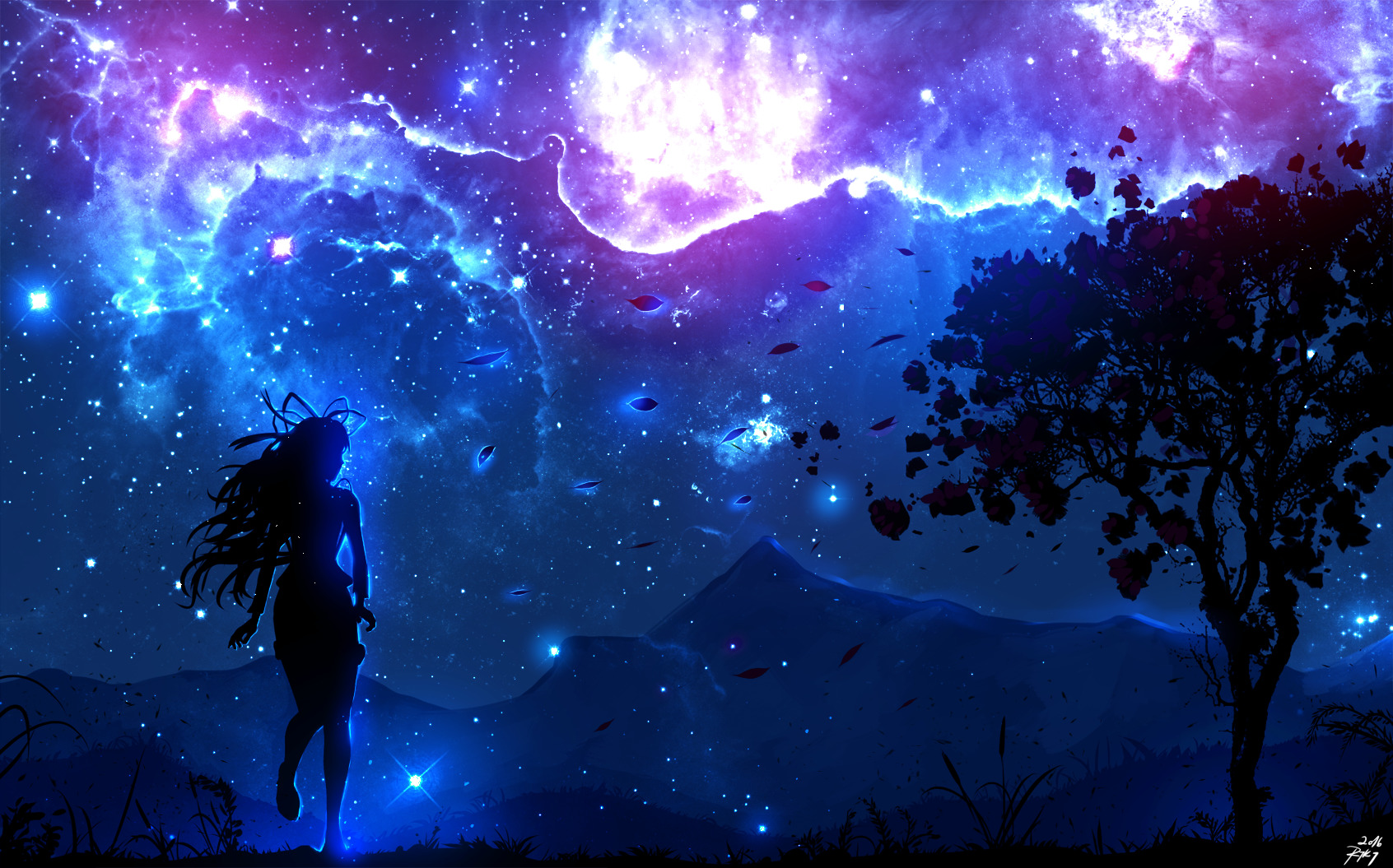 Anime girl under a starry nebula sky HD Wallpaper