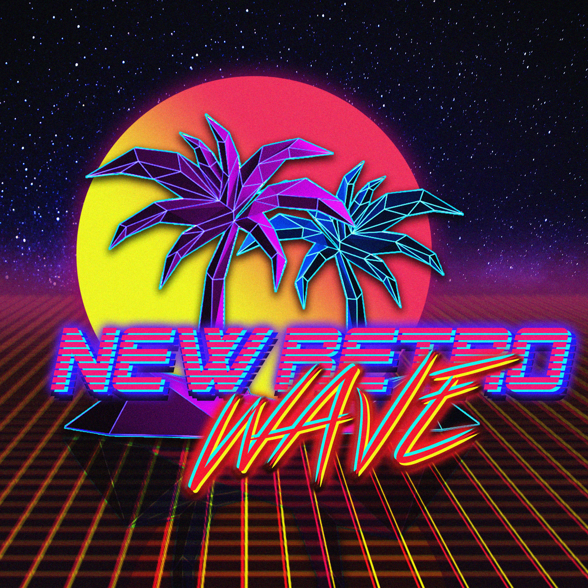 New Retro Wave Typography with Palm Trees and Sunset HD Wallpaper