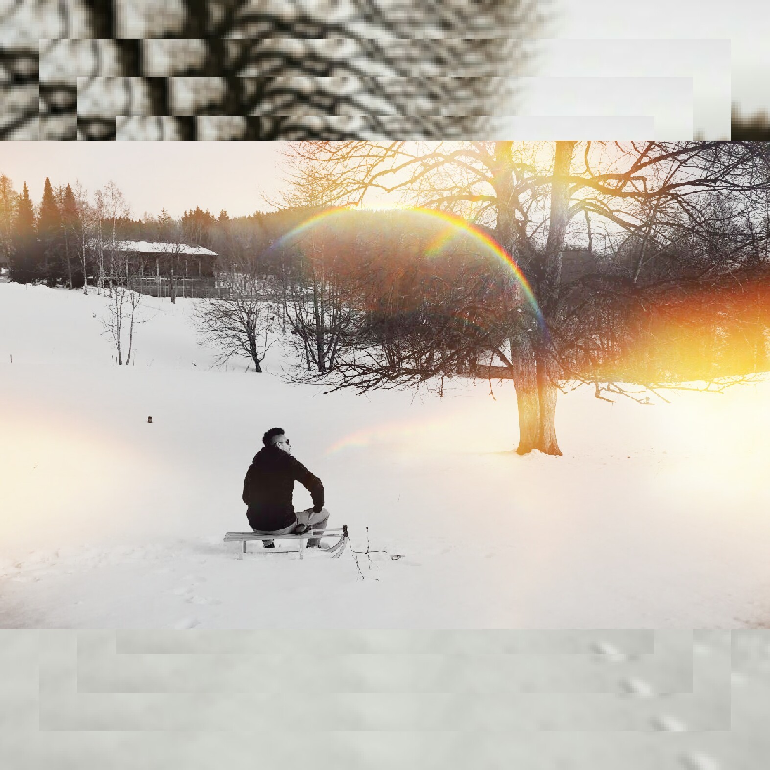 Man sitting on a sled in the snow with a rainbow HD Wallpaper