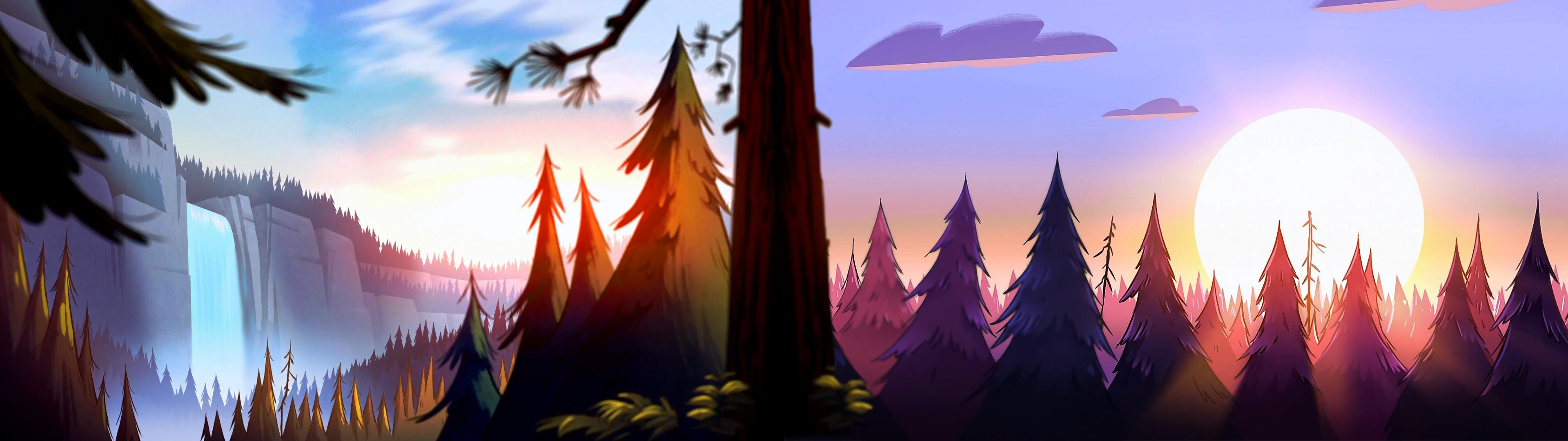 Waterfall and forest at sunset from Gravity Falls HD Wallpaper