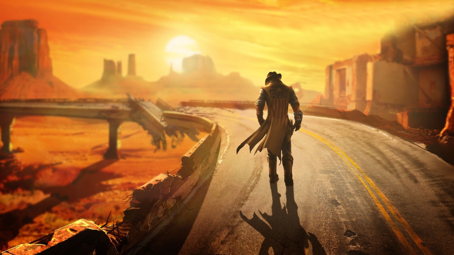 Man from Fallout: New Vegas walking on a road HD Wallpaper
