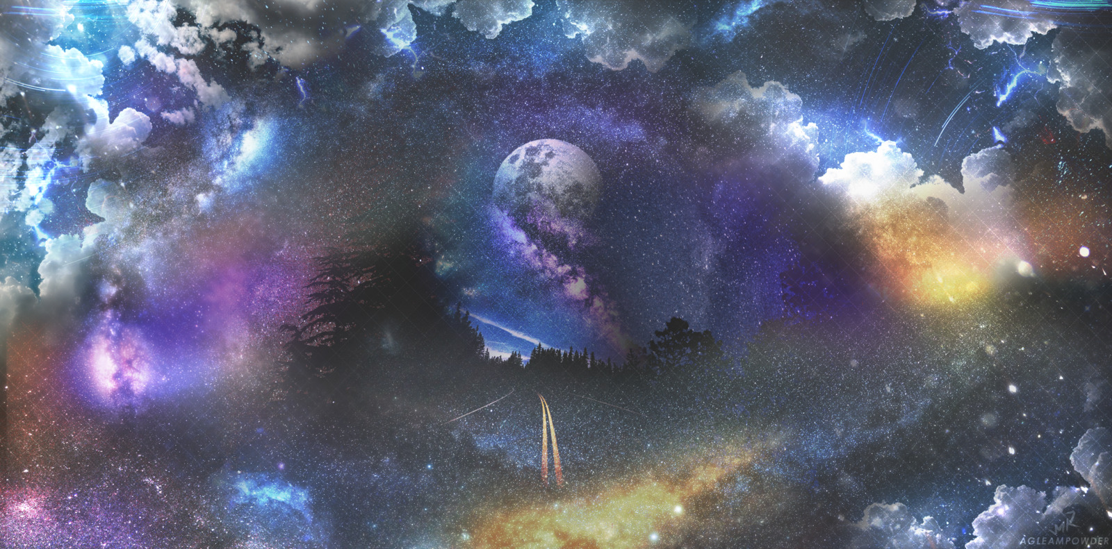 Cosmic highway under a moonlit sky with nebulae HD Wallpaper