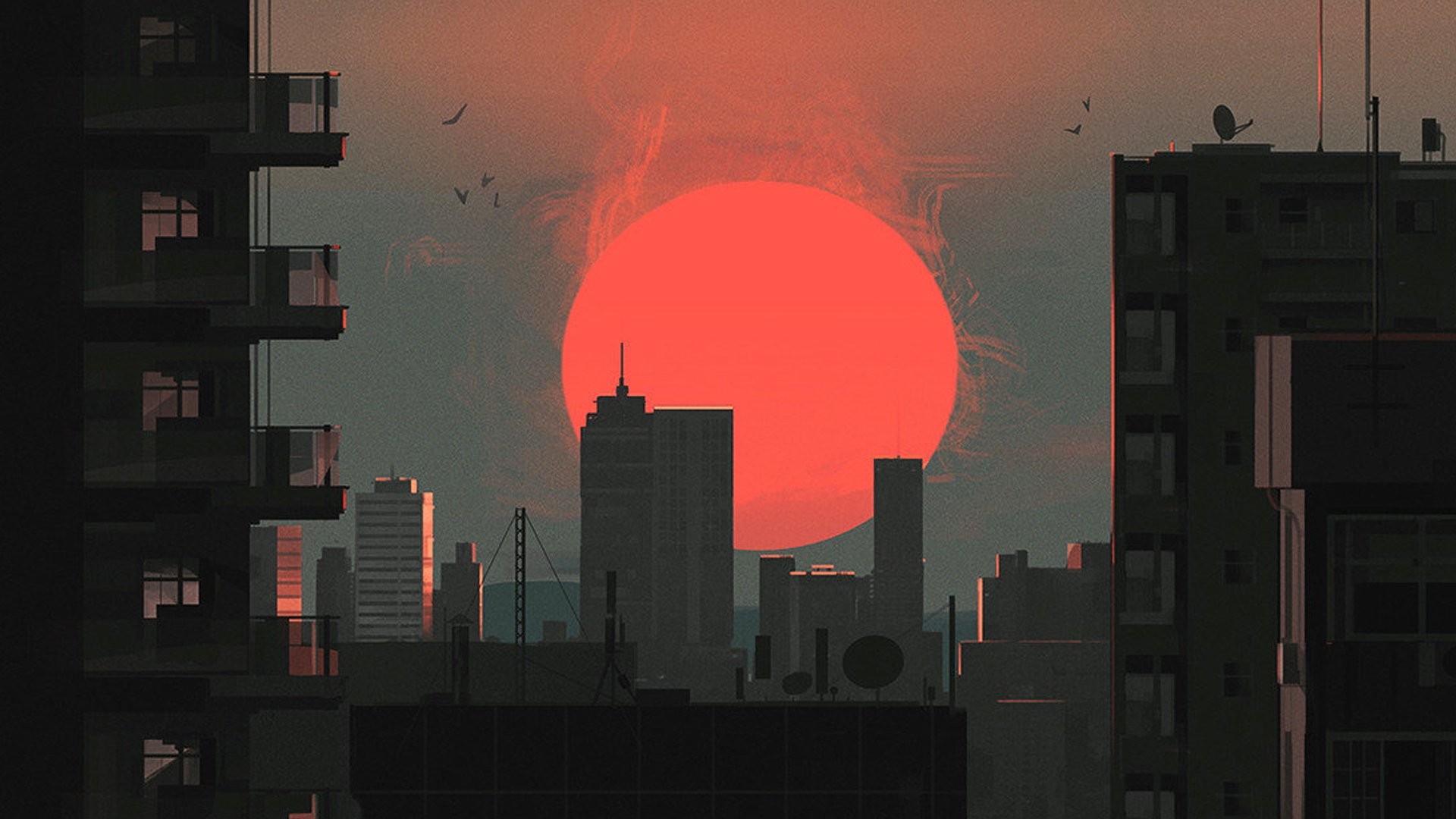 Cityscape at sunset with large red sun HD Wallpaper