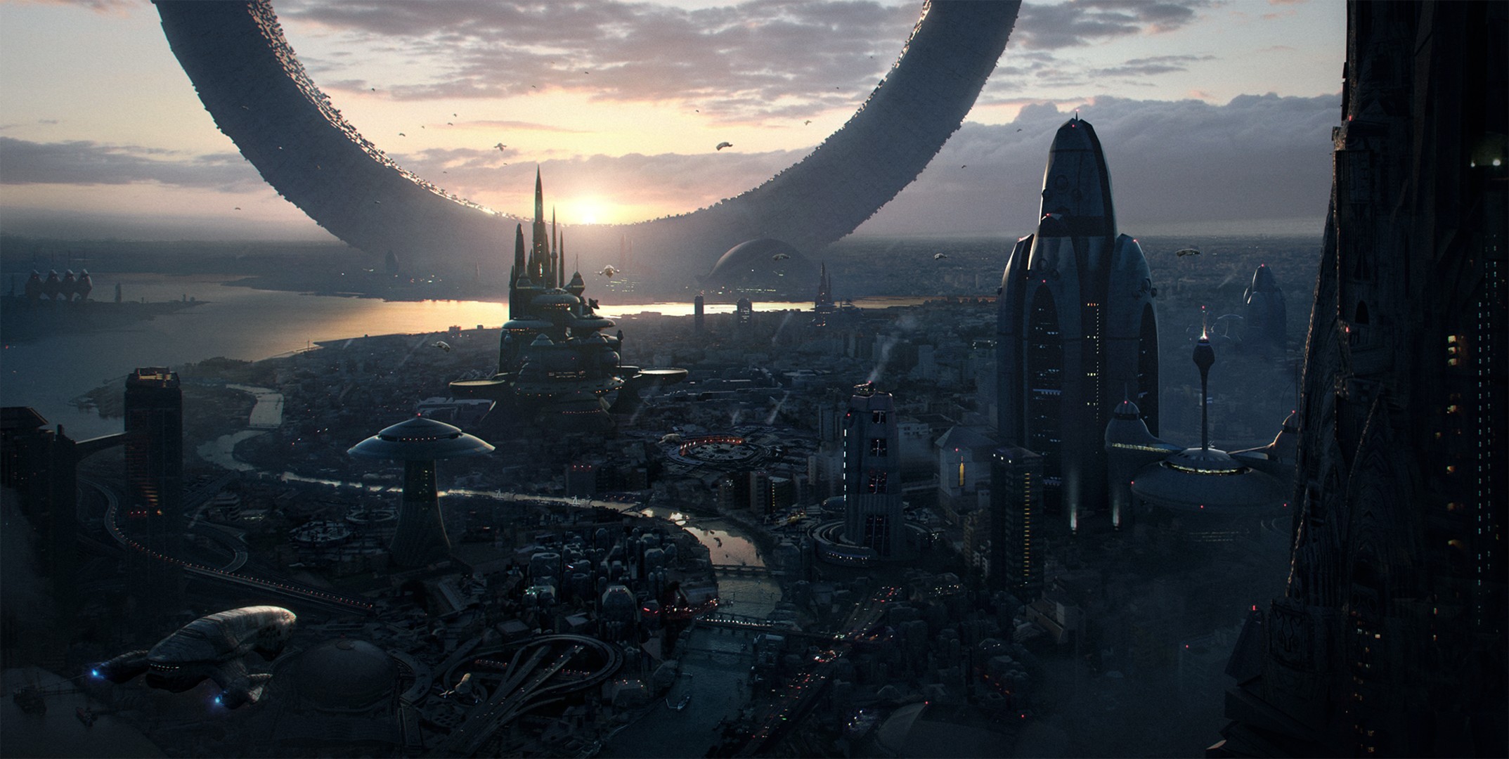 Futuristic city with a large ring structure at sunset HD Wallpaper