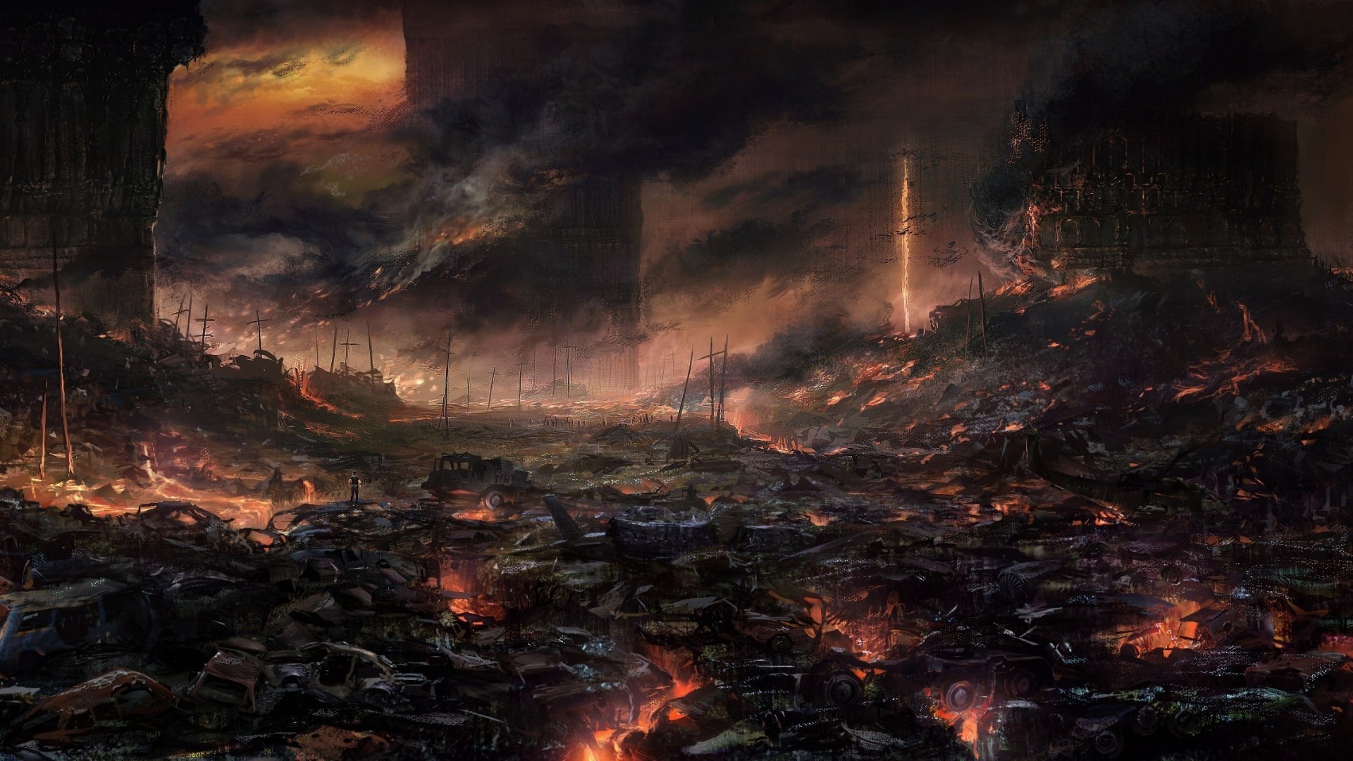 Apocalyptic Fire and Wasteland Scene HD Wallpaper