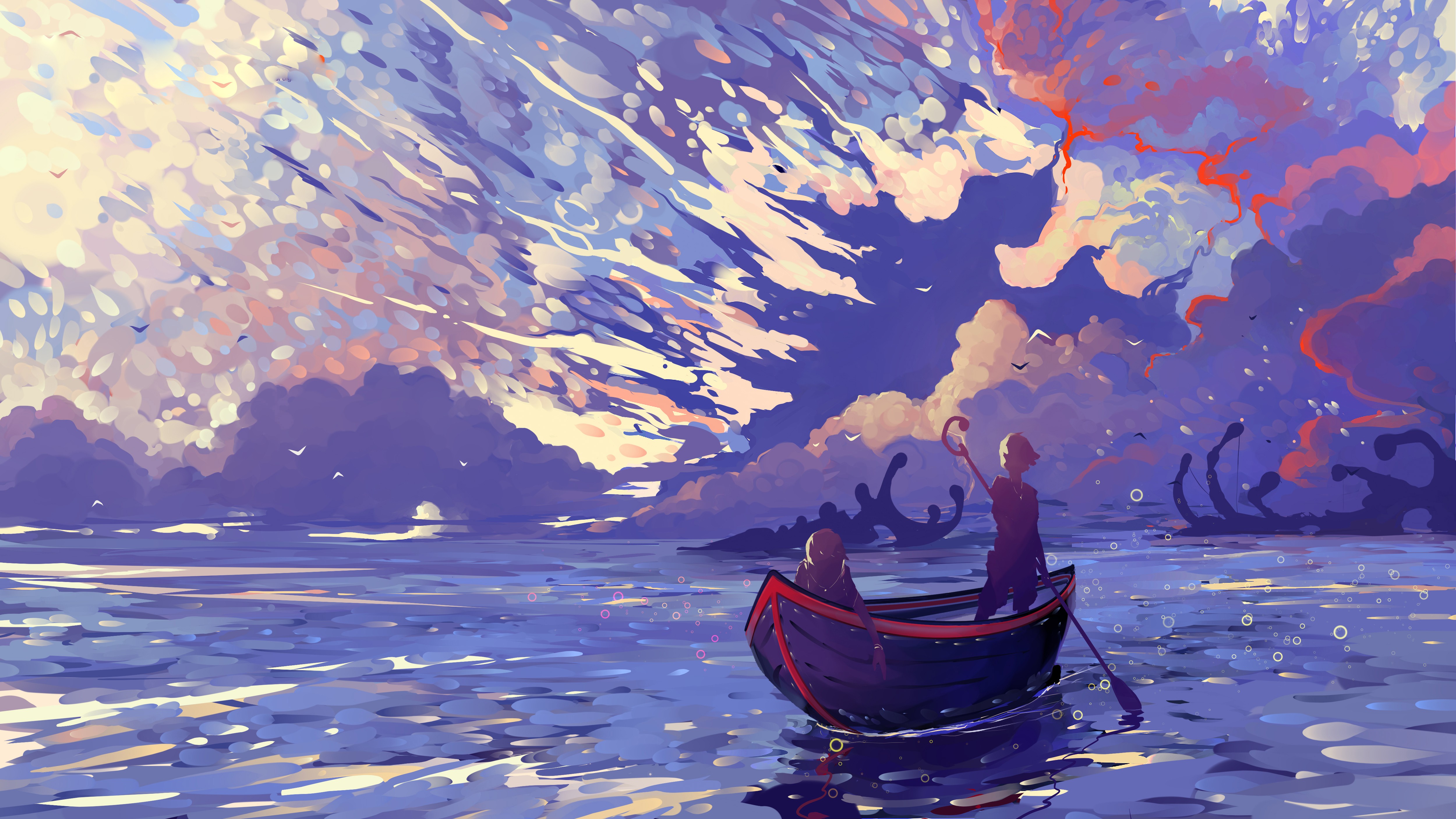 Fantasy boat with two people under a colorful sky HD Wallpaper