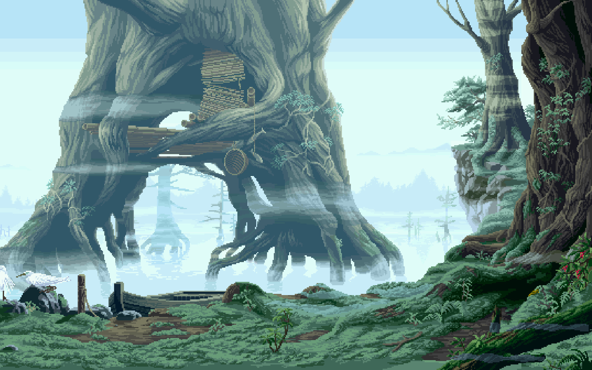 Pixel art fantasy swamp with giant trees and a treehouse HD Wallpaper