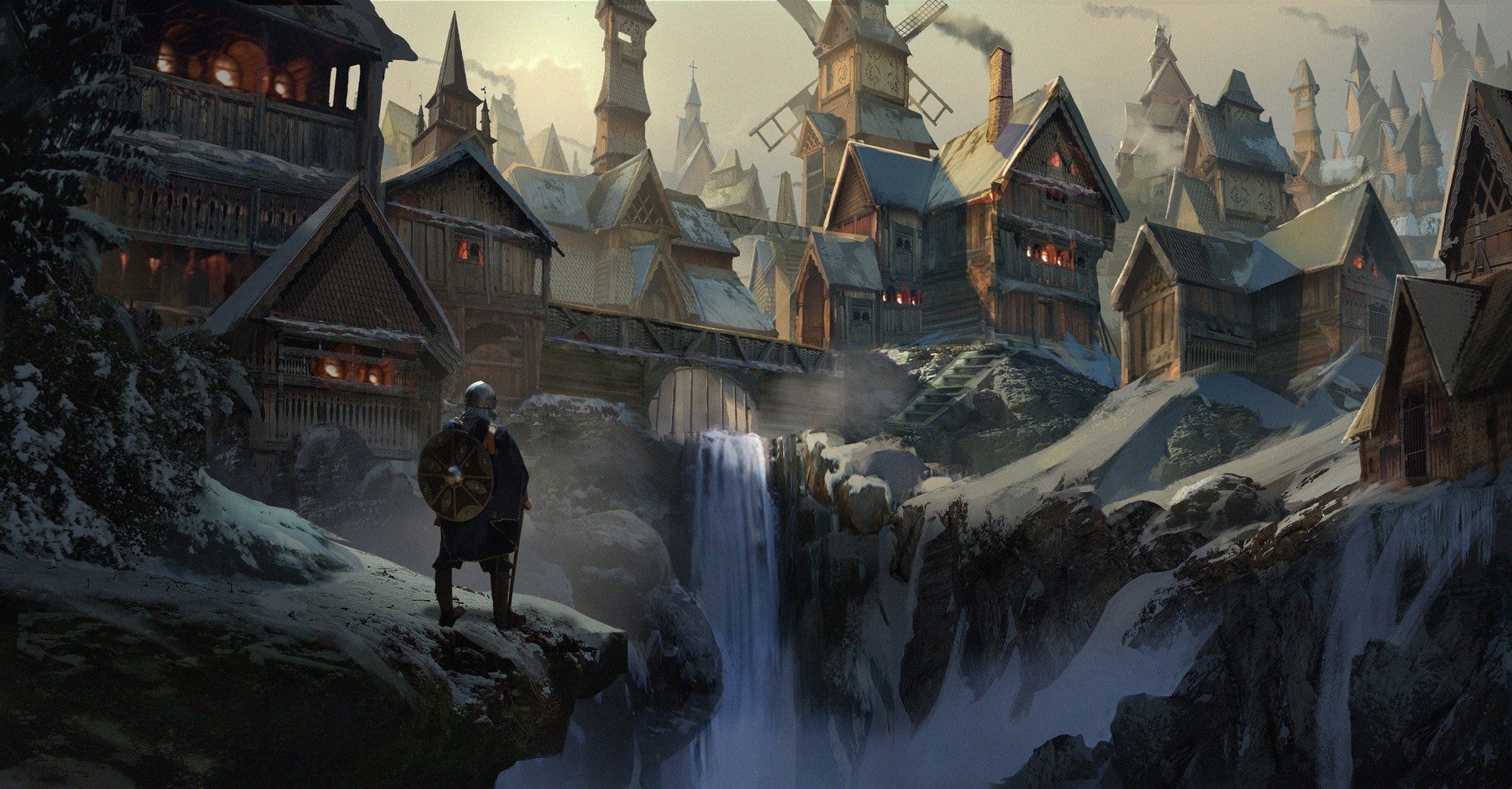 Fantasy Viking Village with Waterfall HD Wallpaper