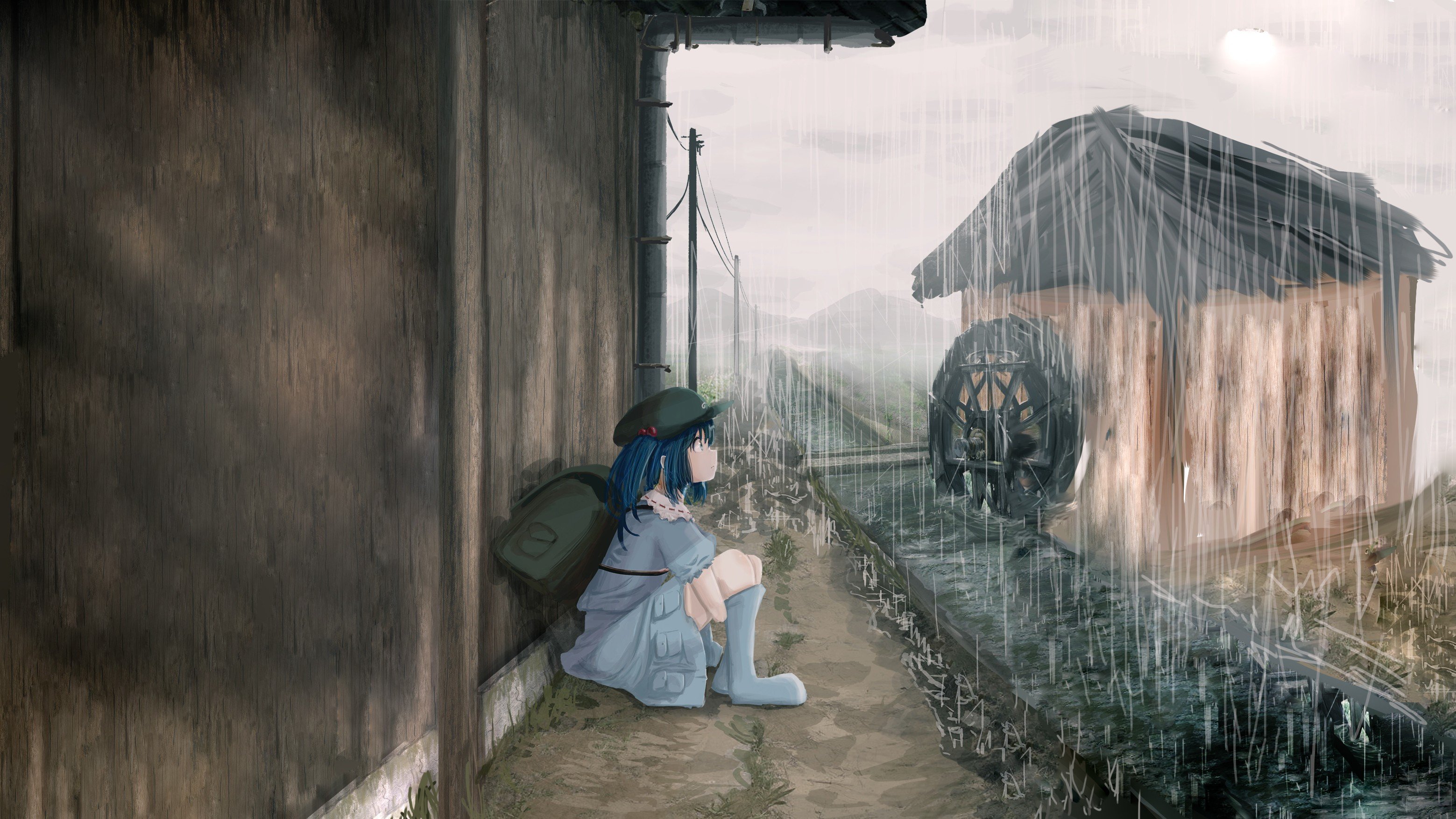 Anime girl with blue hair sitting in the rain HD Wallpaper