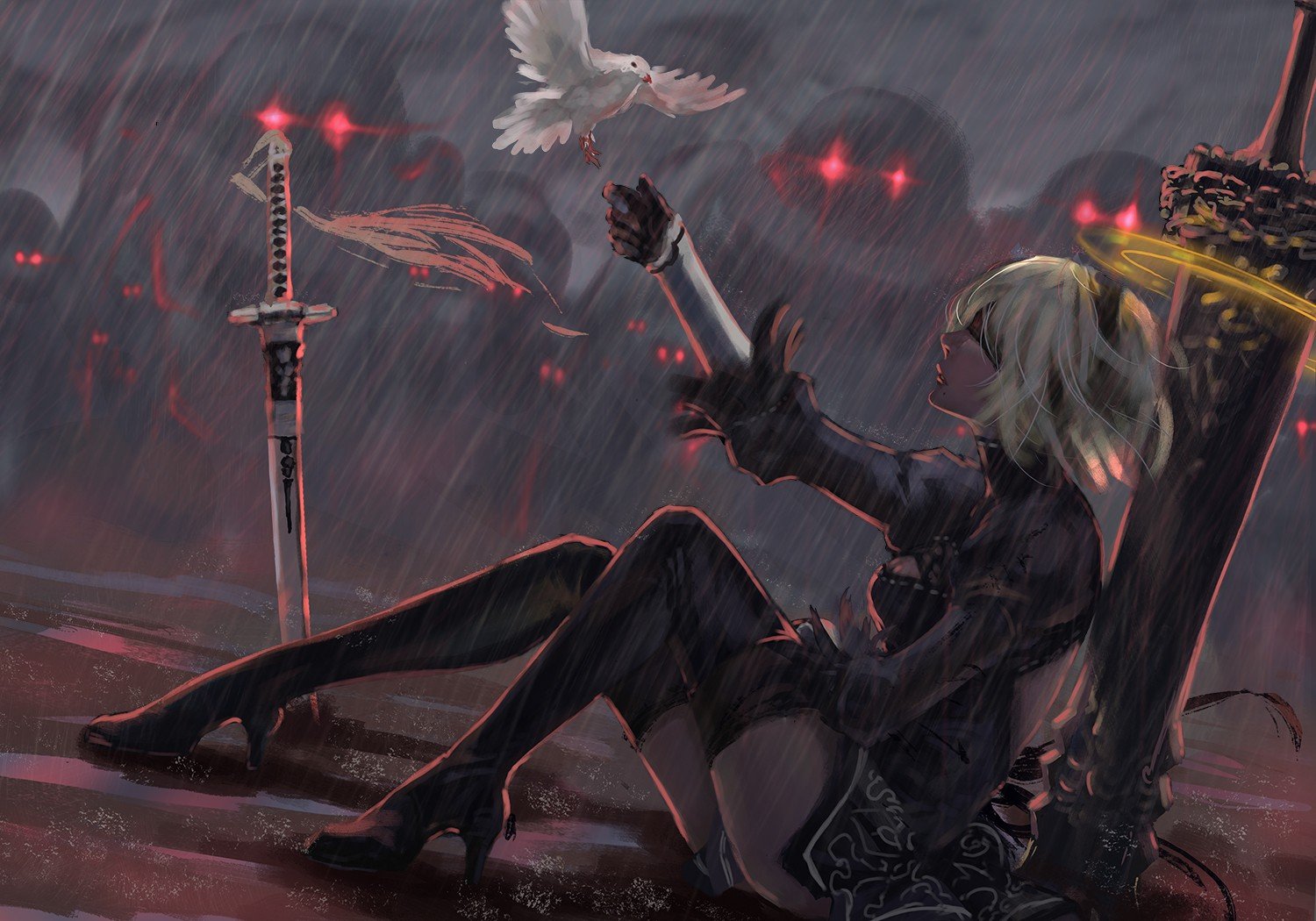 2B from Nier: Automata with a dove HD Wallpaper