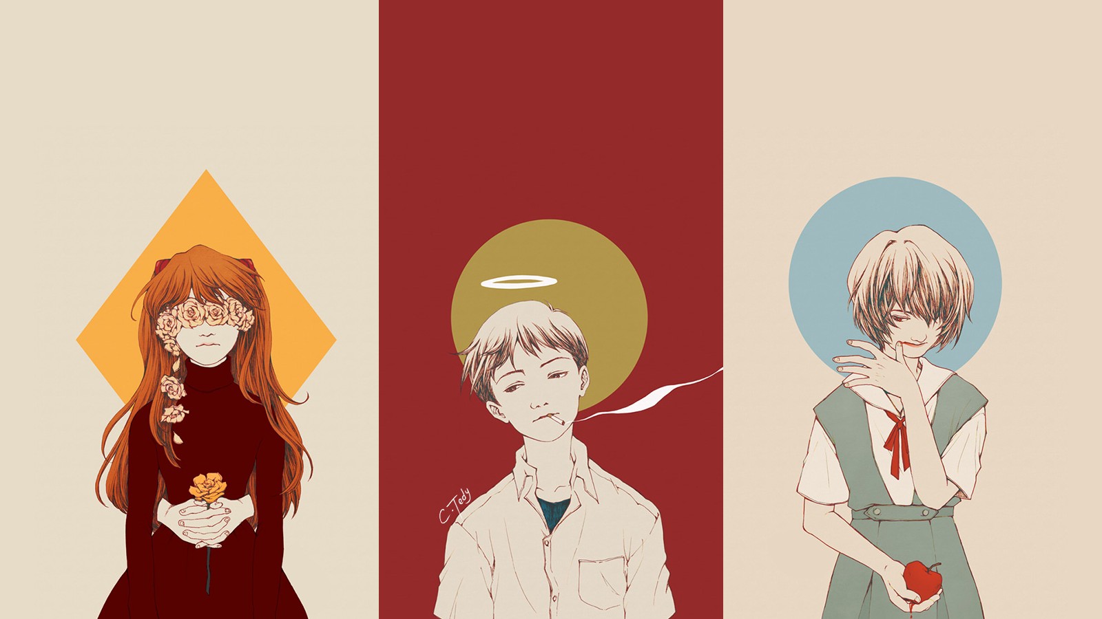 Asuka, Shinji, and Rei from Neon Genesis Evangelion HD Wallpaper