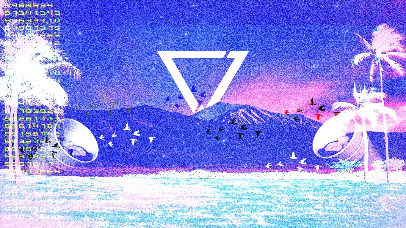 Vaporwave beach with mountains and palm trees HD Wallpaper