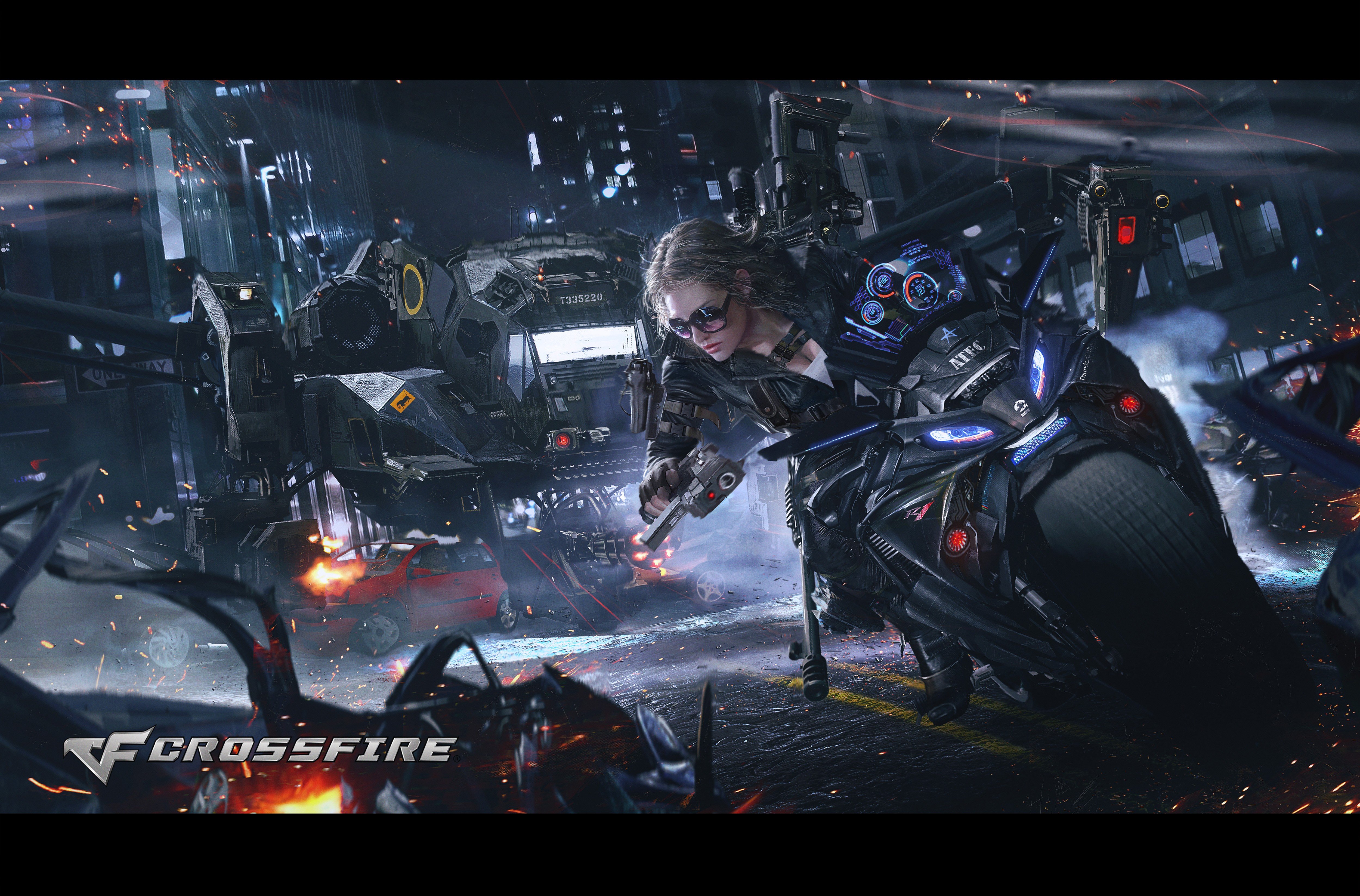 Woman on motorcycle in Crossfire HD Wallpaper