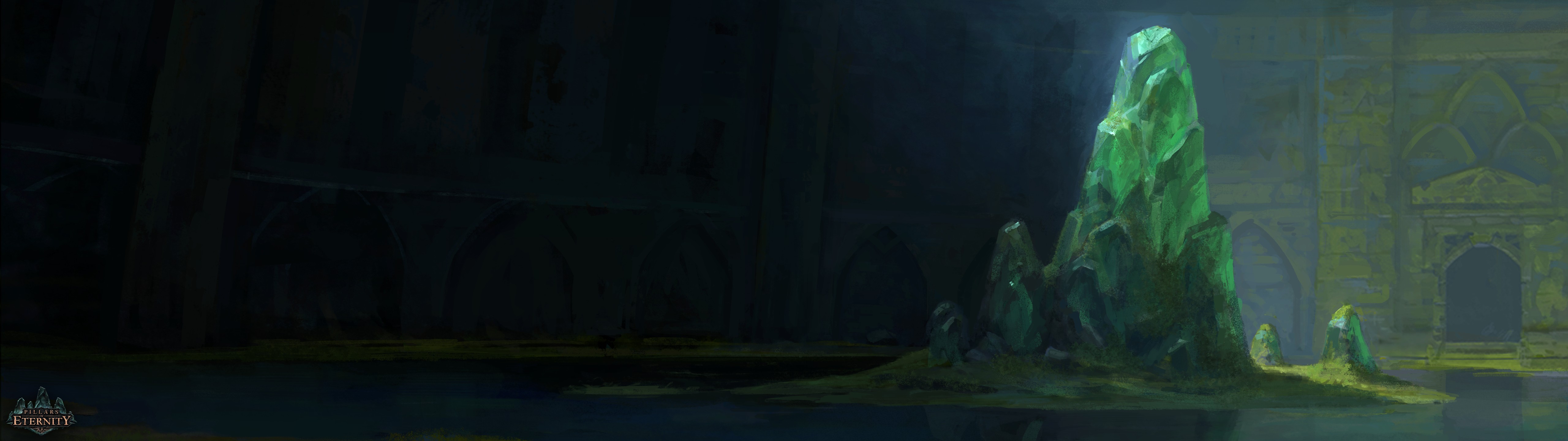 Pillars of Eternity large green crystal in ancient ruins HD Wallpaper