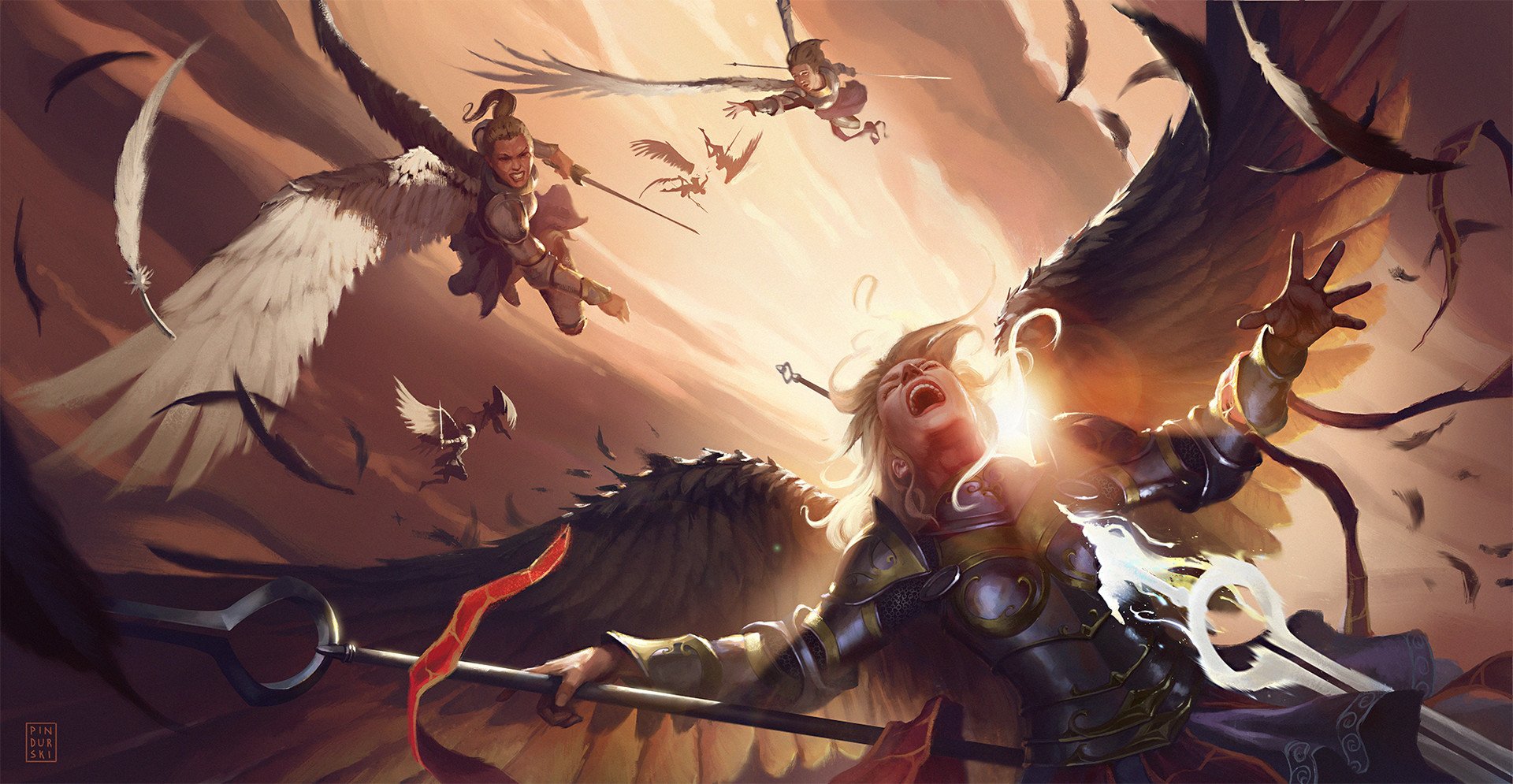 Angels in battle with swords and spears HD Wallpaper