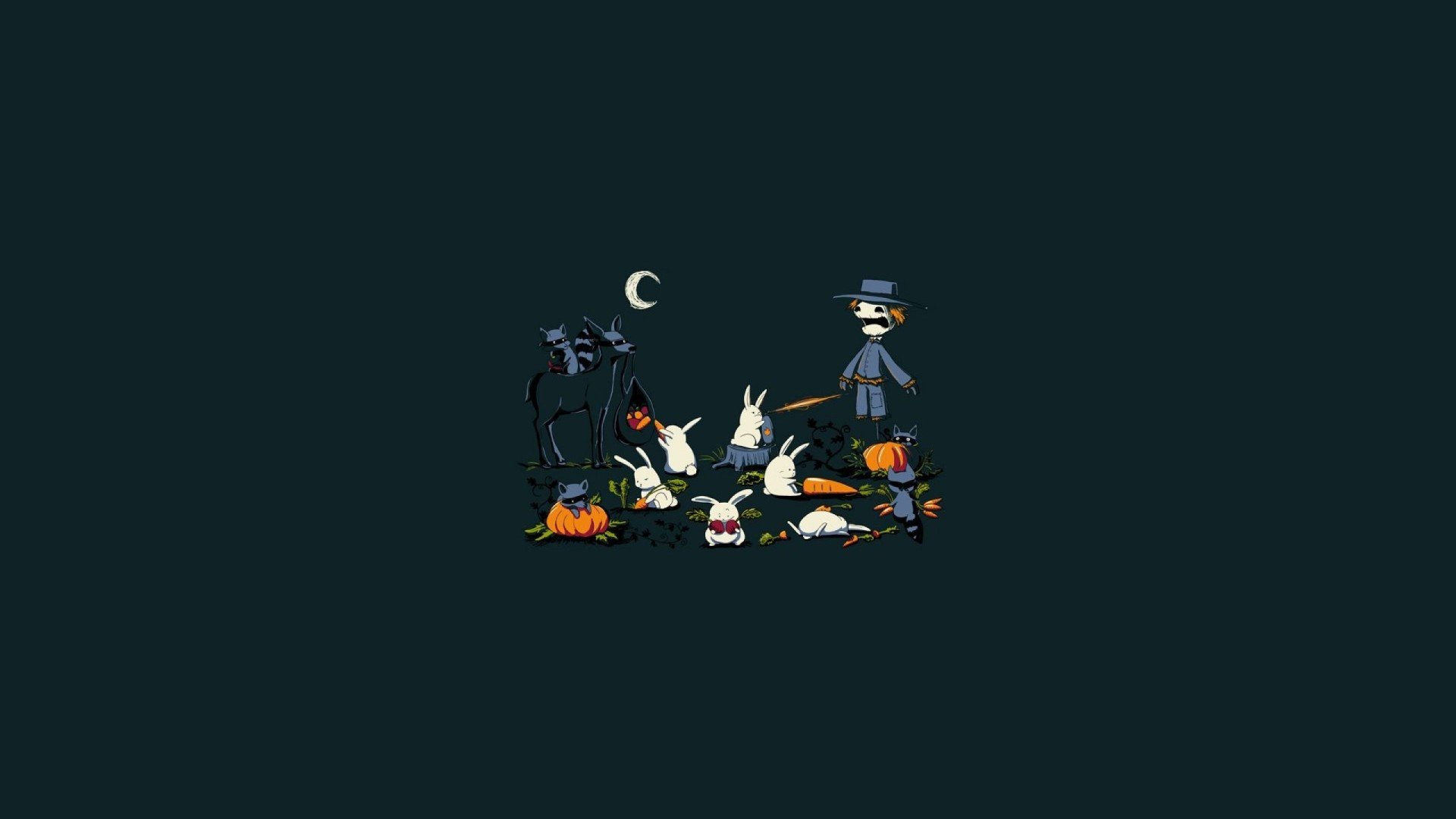Halloween scene with rabbits, raccoons, and a scarecrow HD Wallpaper